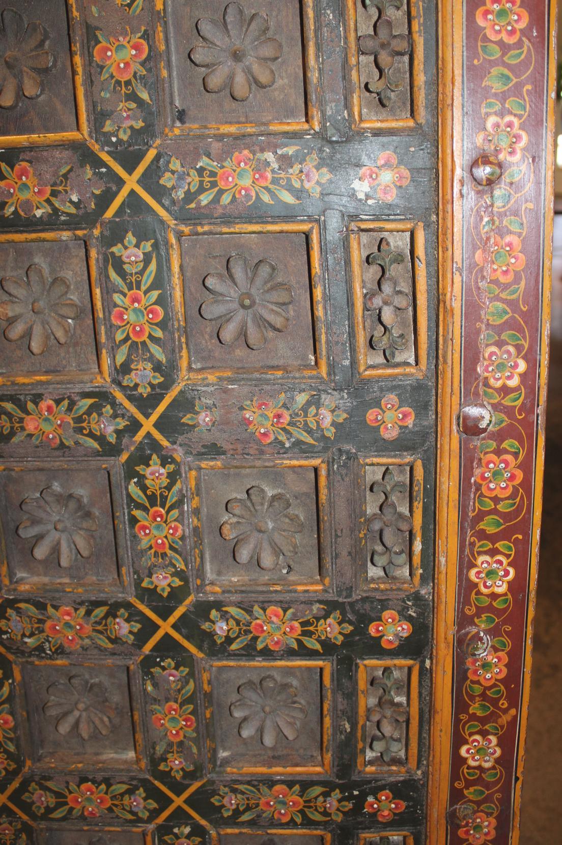 19th Century Indian Polychrome Carved Architectural Ceiling Panel with Lotus Blossoms
