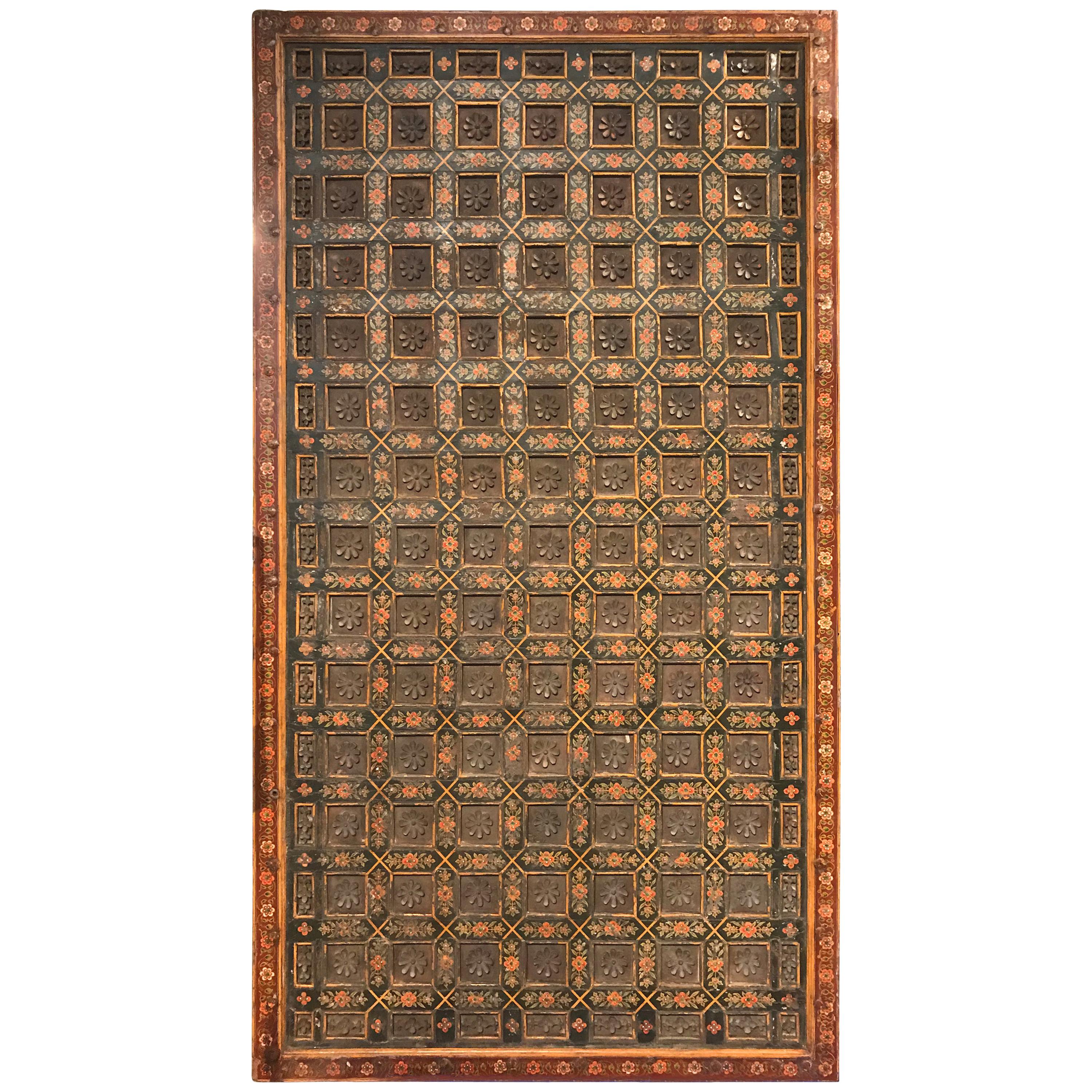 Indian Polychrome Carved Architectural Ceiling Panel with Lotus Blossoms