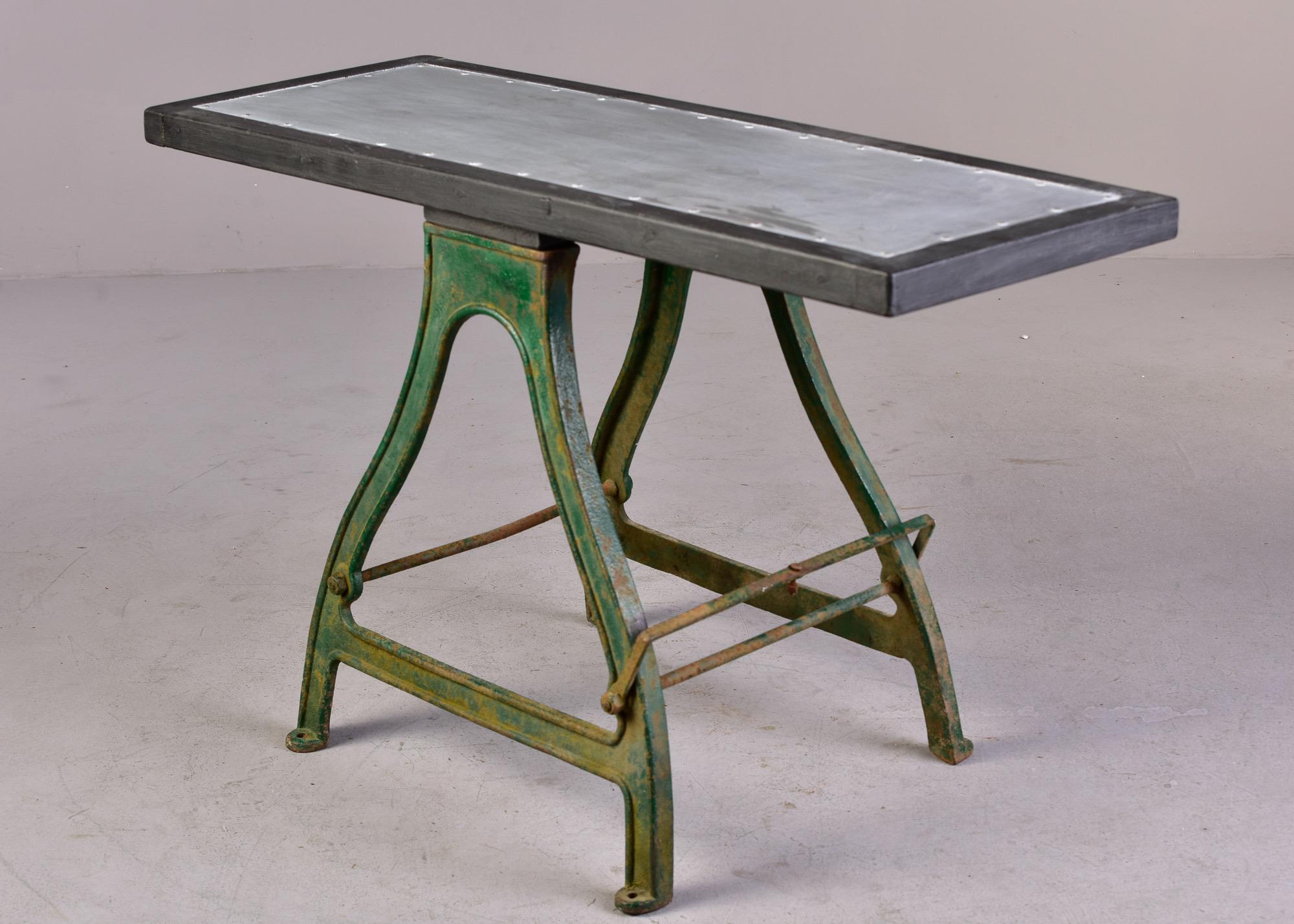 19th C Industrial Table with Orig Painted Iron Base and New Zinc Top For Sale 5
