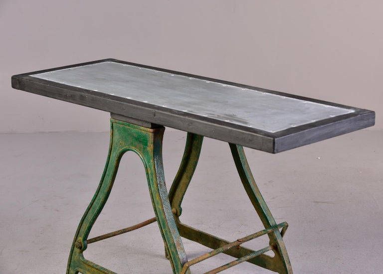 19th C Industrial Table with Orig Painted Iron Base and New Zinc Top For Sale 4