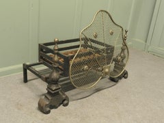 19th C Inglenook Fire Grate on Andirons with Brass Guard