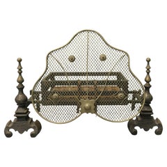 19th C Inglenook Fire Grate on Andirons with Brass Guard