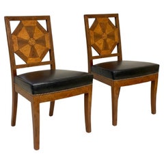 19th-C. Inlaid Biedermeier Style Side Chairs - Black Leather Upholstery -Pair