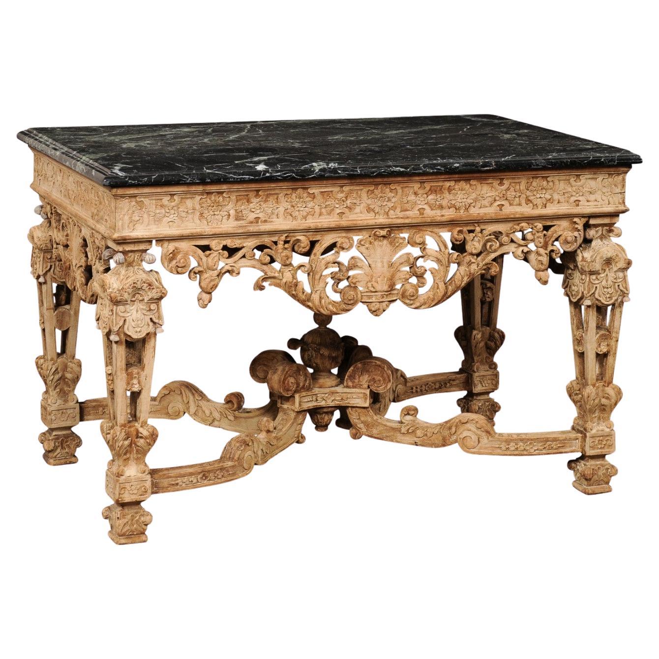 19th C. Intricately-Carved French Table w/Black Marble Top- Exceptional Detail! For Sale