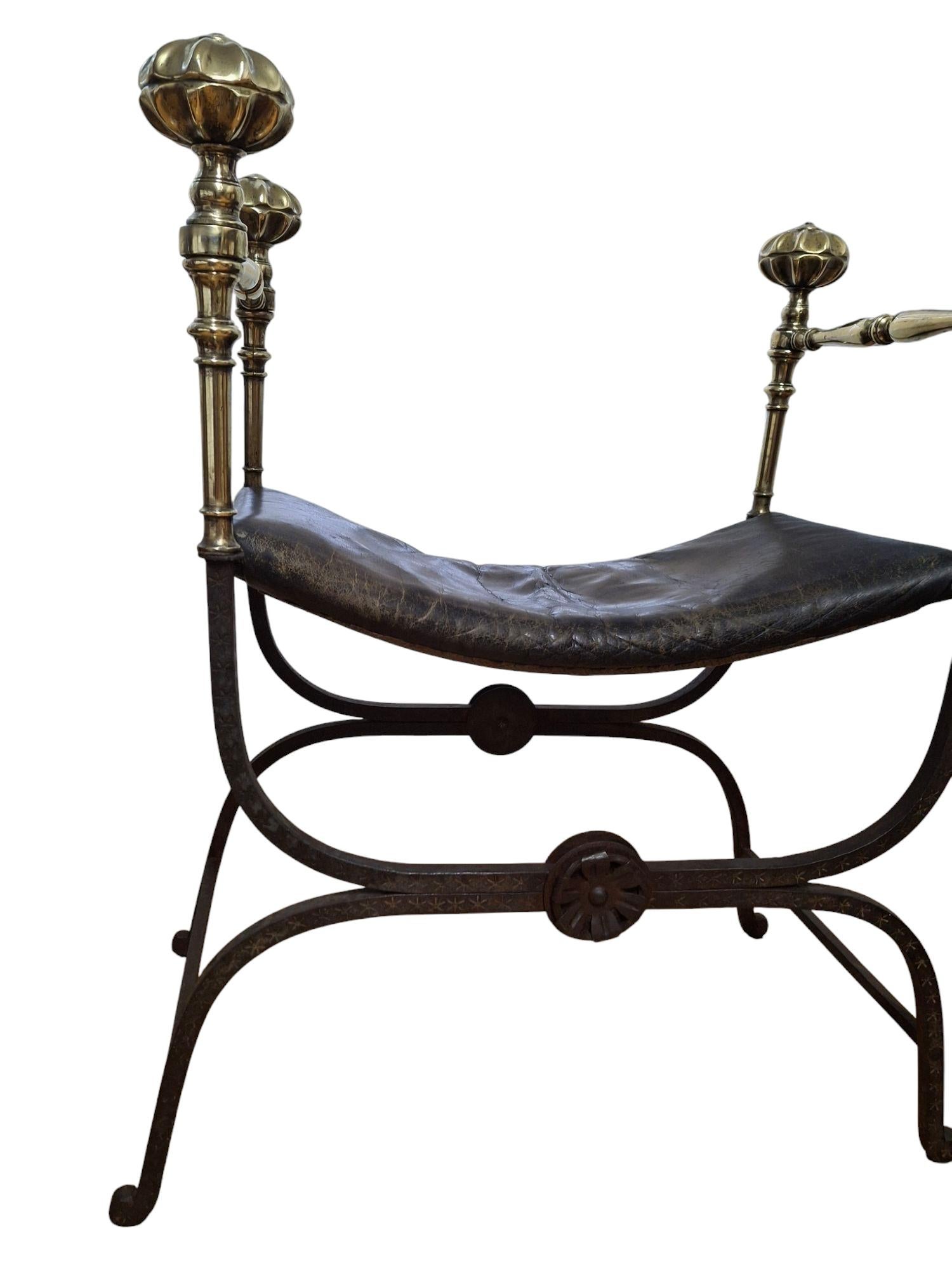 19th C. Iron & Brass X-Frame Curule Bench For Sale 4