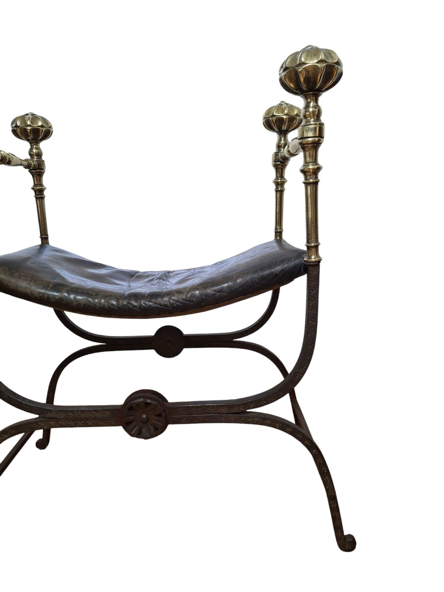 19th C. Iron & Brass X-Frame Curule Bench For Sale 5
