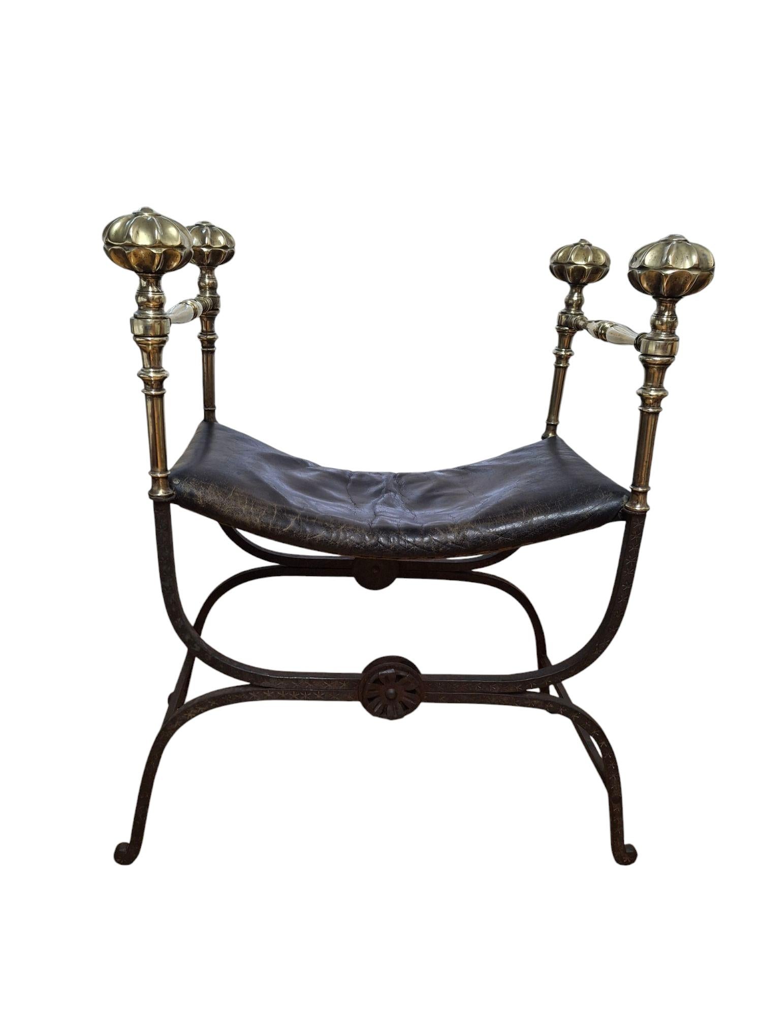 19th C. Iron & Brass X-Frame Curule Bench For Sale 3