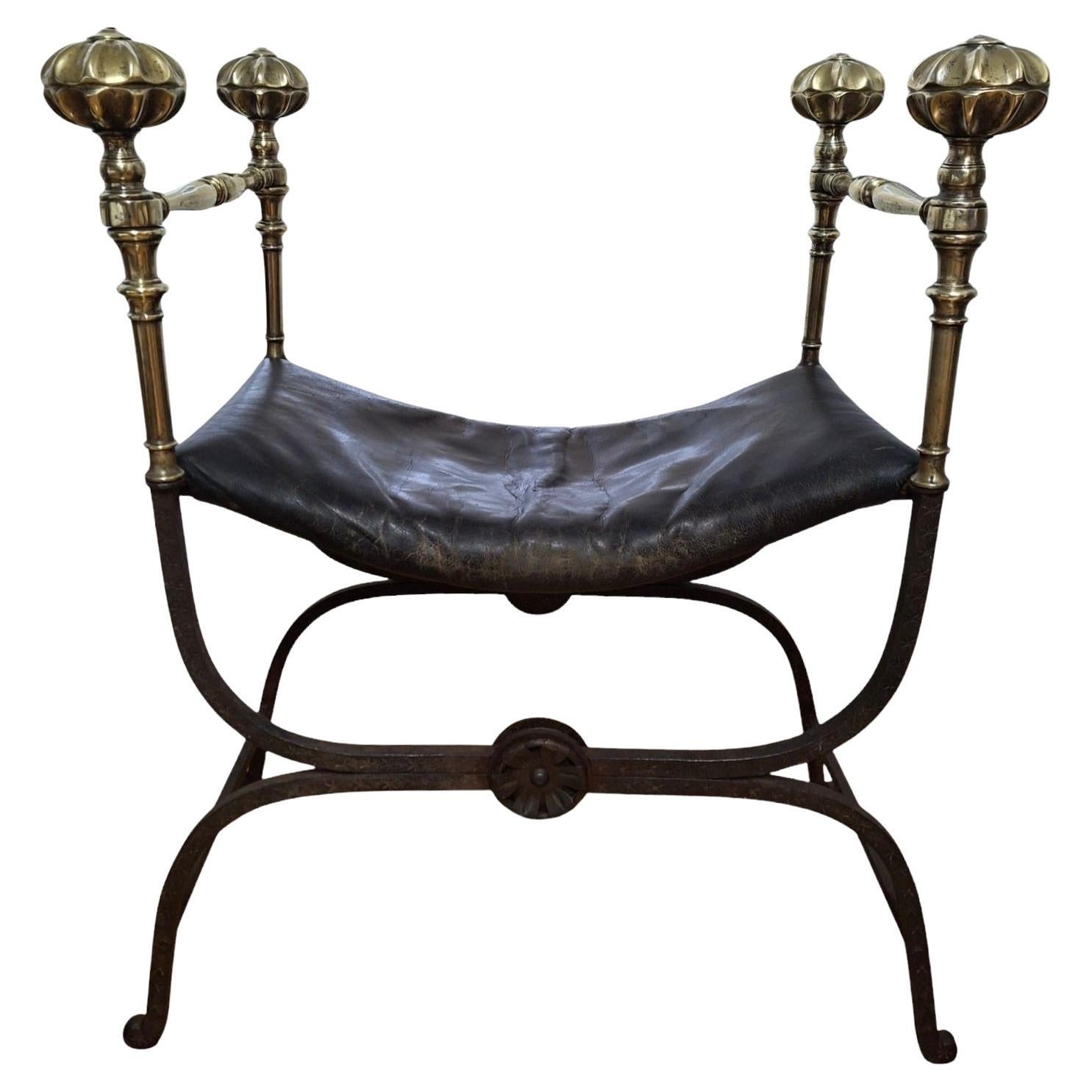 X-Frame Curule Bank aus Eisen und Messing aus dem 19.