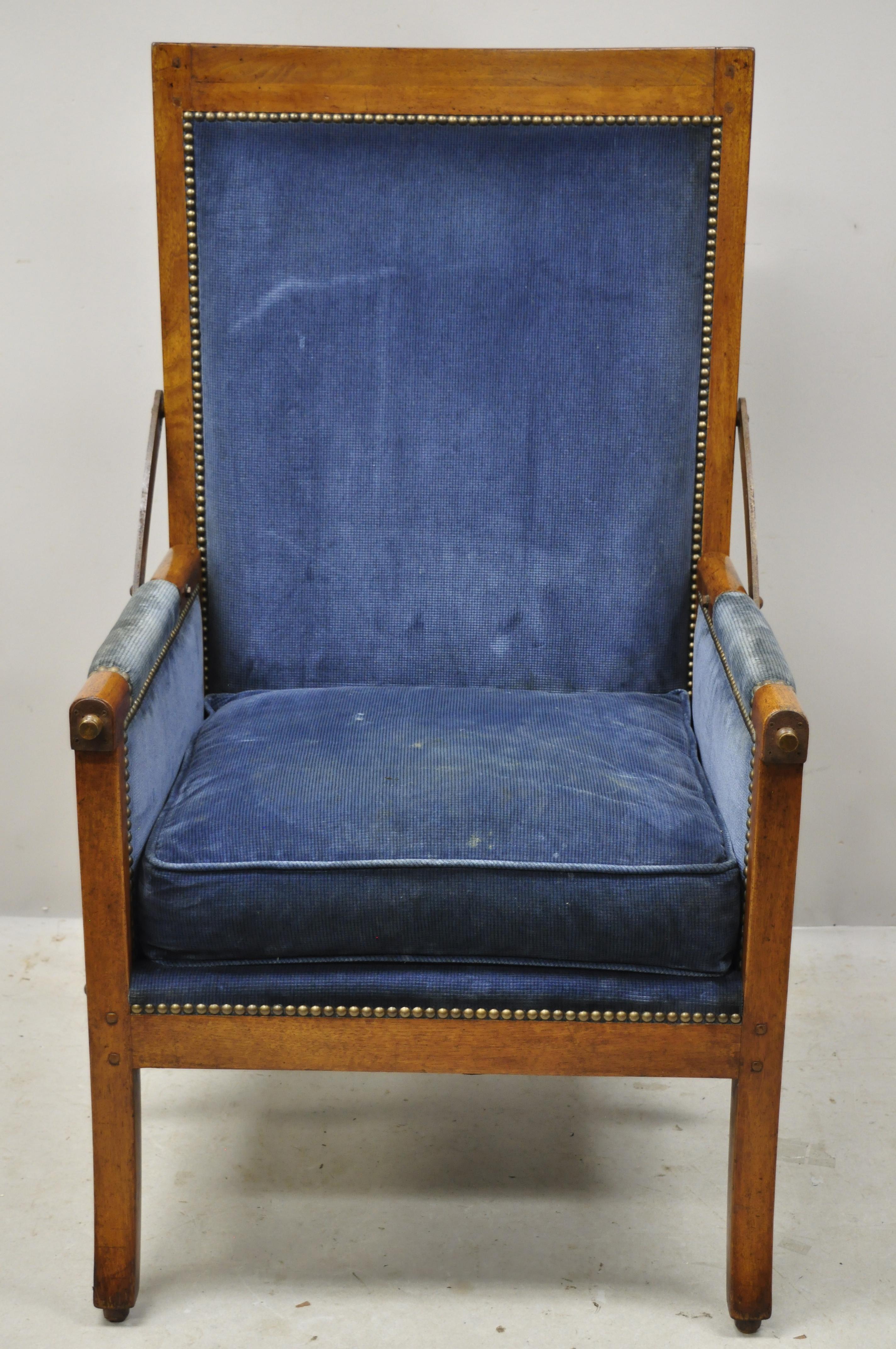 19th century Italian Biedermeier mahogany reclining lounge armchair cast iron hardware. Item features cast iron hardware, reclining back, solid wood frame, beautiful wood grain, distressed finish, nicely carved details, very nice antique item, circa