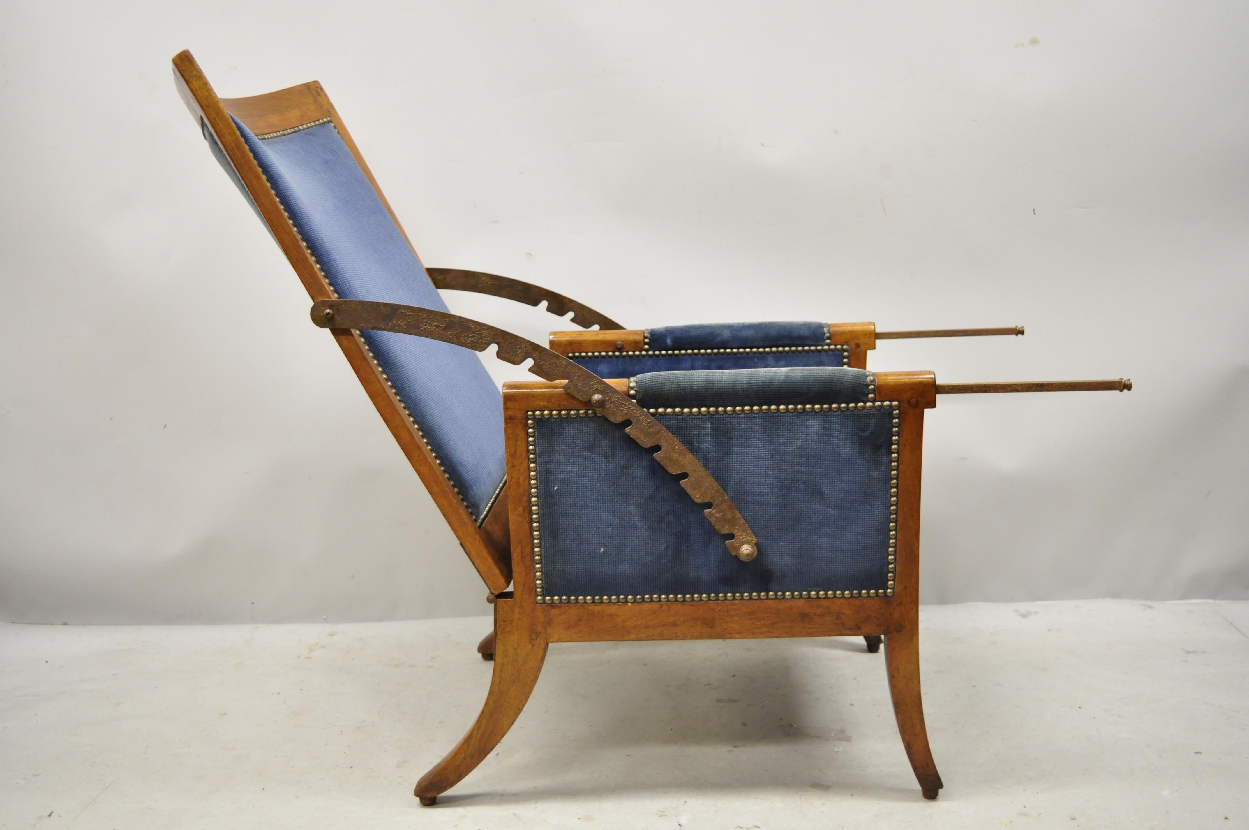 Italian Biedermeier Mahogany Reclining Lounge Armchair Cast Iron Hardware In Good Condition For Sale In Philadelphia, PA