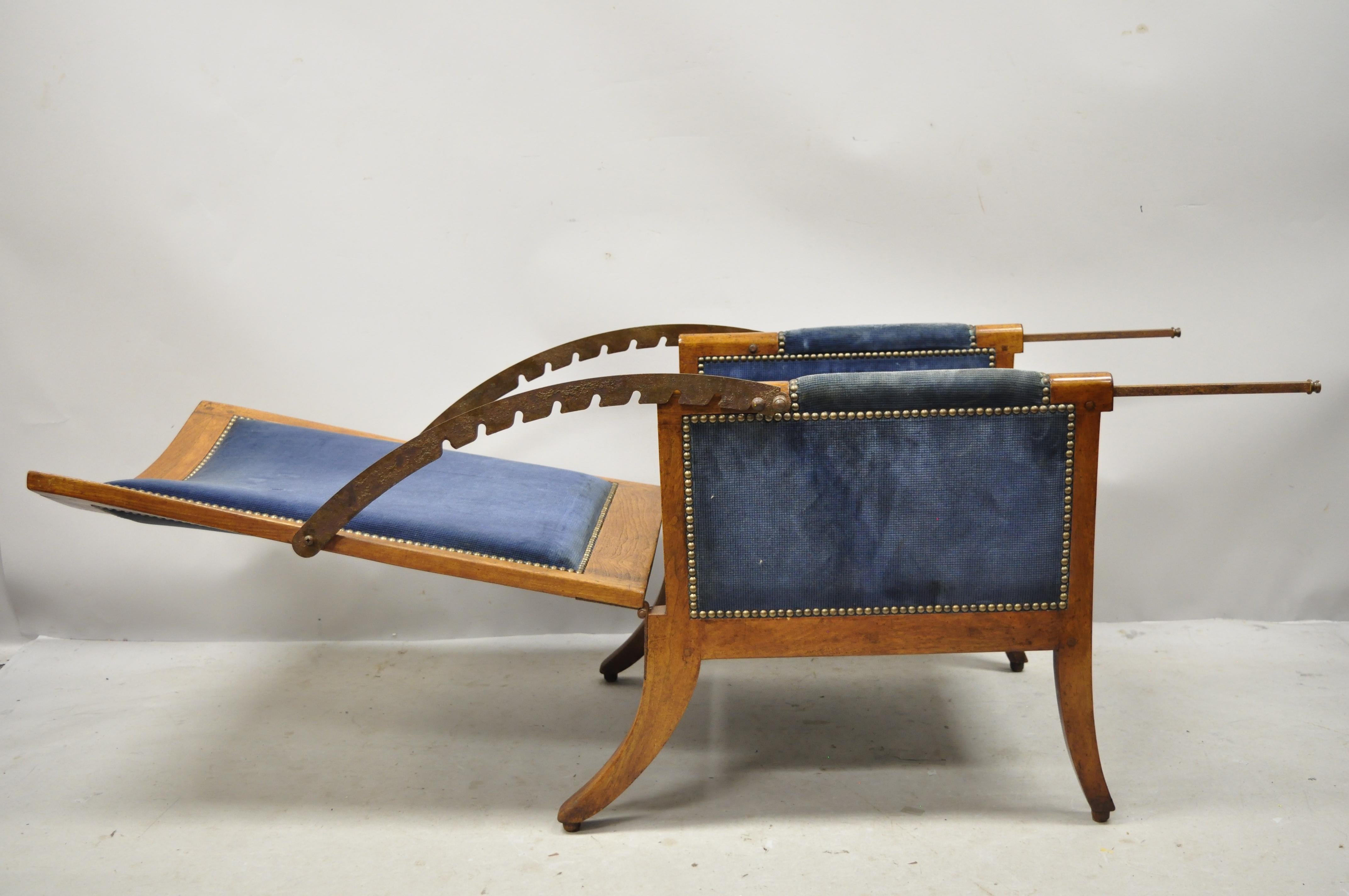 20th Century Italian Biedermeier Mahogany Reclining Lounge Armchair Cast Iron Hardware For Sale