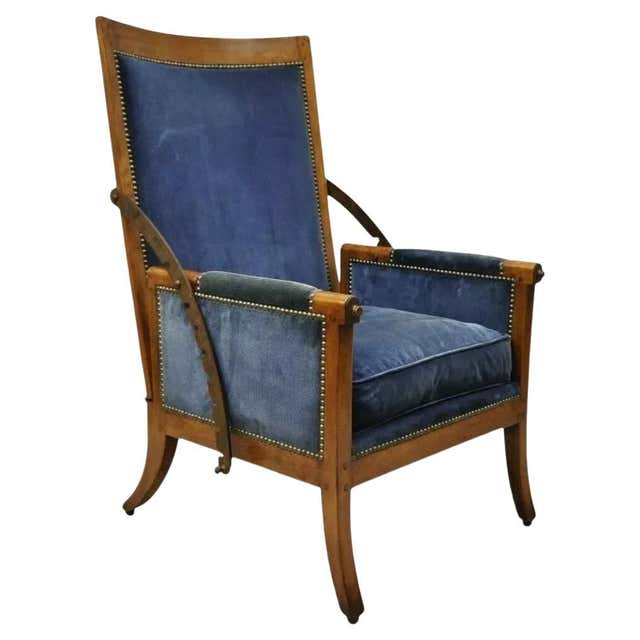 Antique slipper rocking chair in cherrywood and blue velvet, late 19th ...