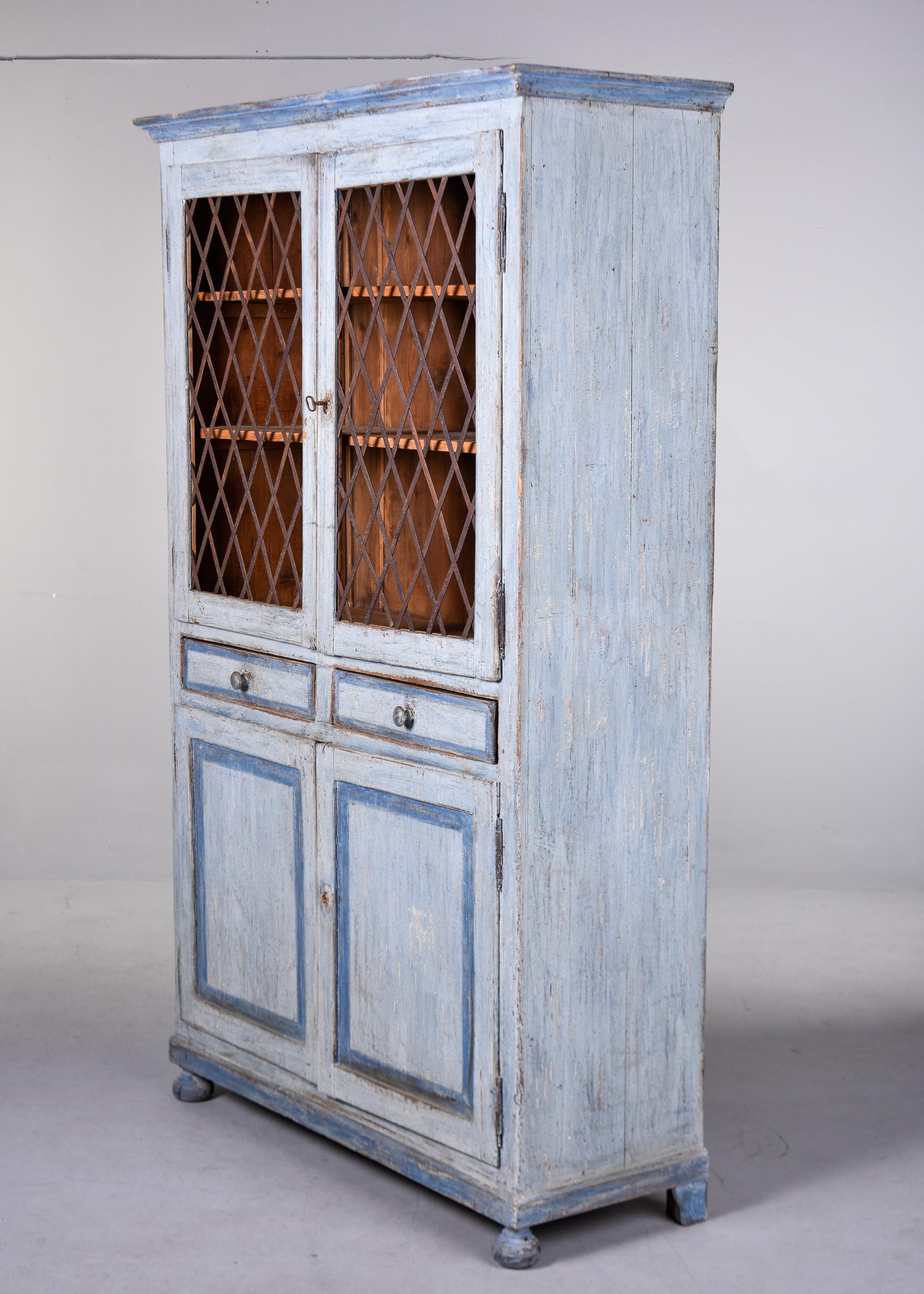 19th Century Italian Blue Painted Pine Cupboard With Metal Lattice Doors For Sale 7
