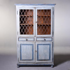 19th Century Italian Blue Painted Pine Cupboard With Metal Lattice Doors