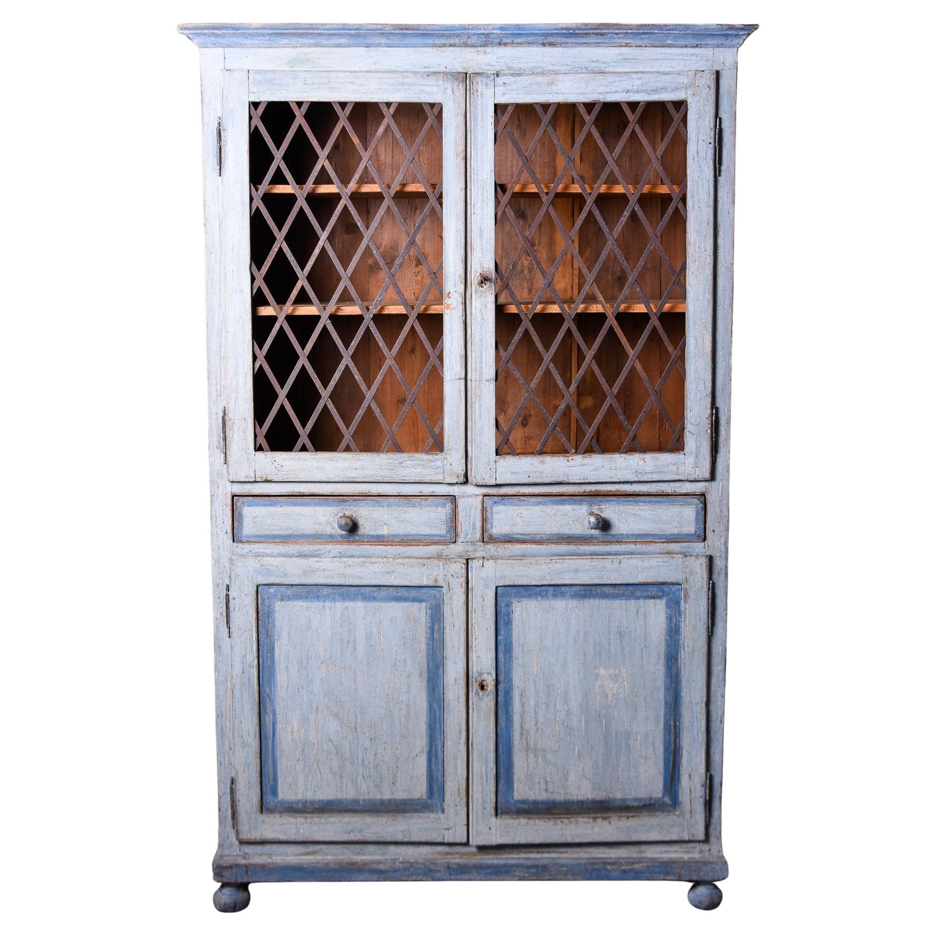 19th Century Italian Blue Painted Pine Cupboard With Metal Lattice Doors For Sale