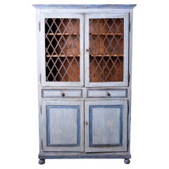 Antique 19th Century Italian Blue Painted Pine Cupboard With Metal Lattice Doors