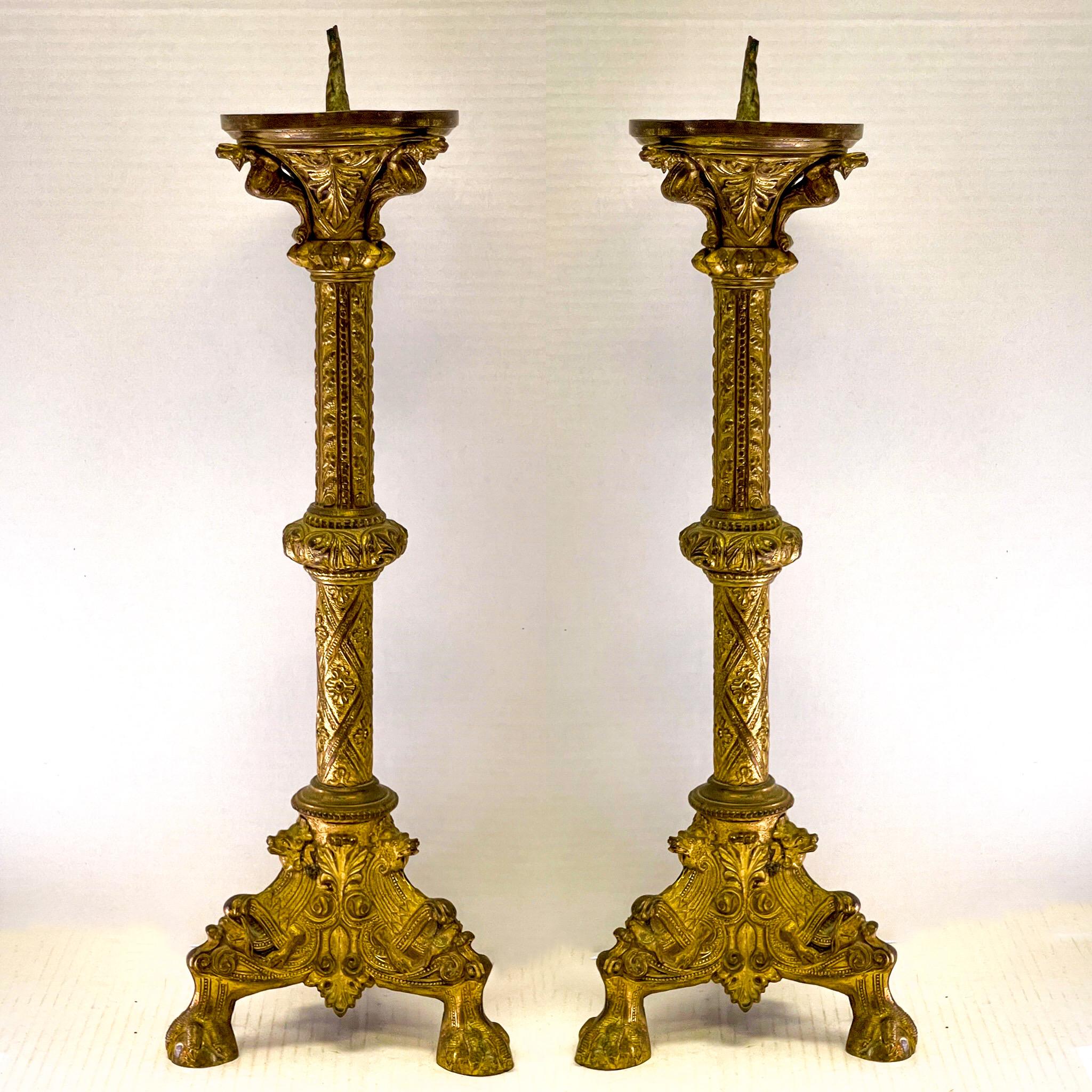 19th-C. Italian Brass Repousse Alter Pricket Candlesticks, Pair For Sale 2