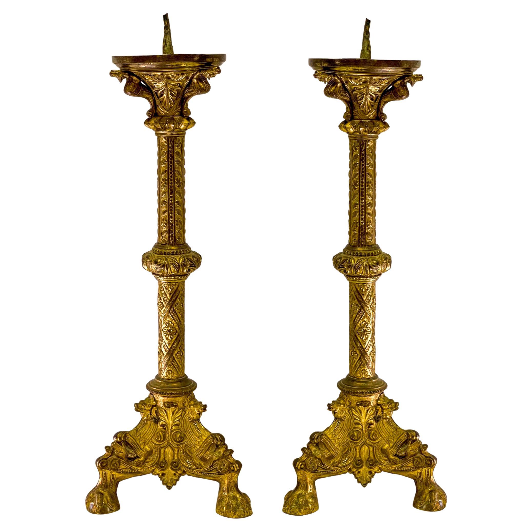 19th-C. Italian Brass Repousse Alter Pricket Candlesticks, Pair For Sale