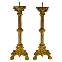 19th-C. Italian Brass Repousse Alter Pricket Candlesticks, Pair