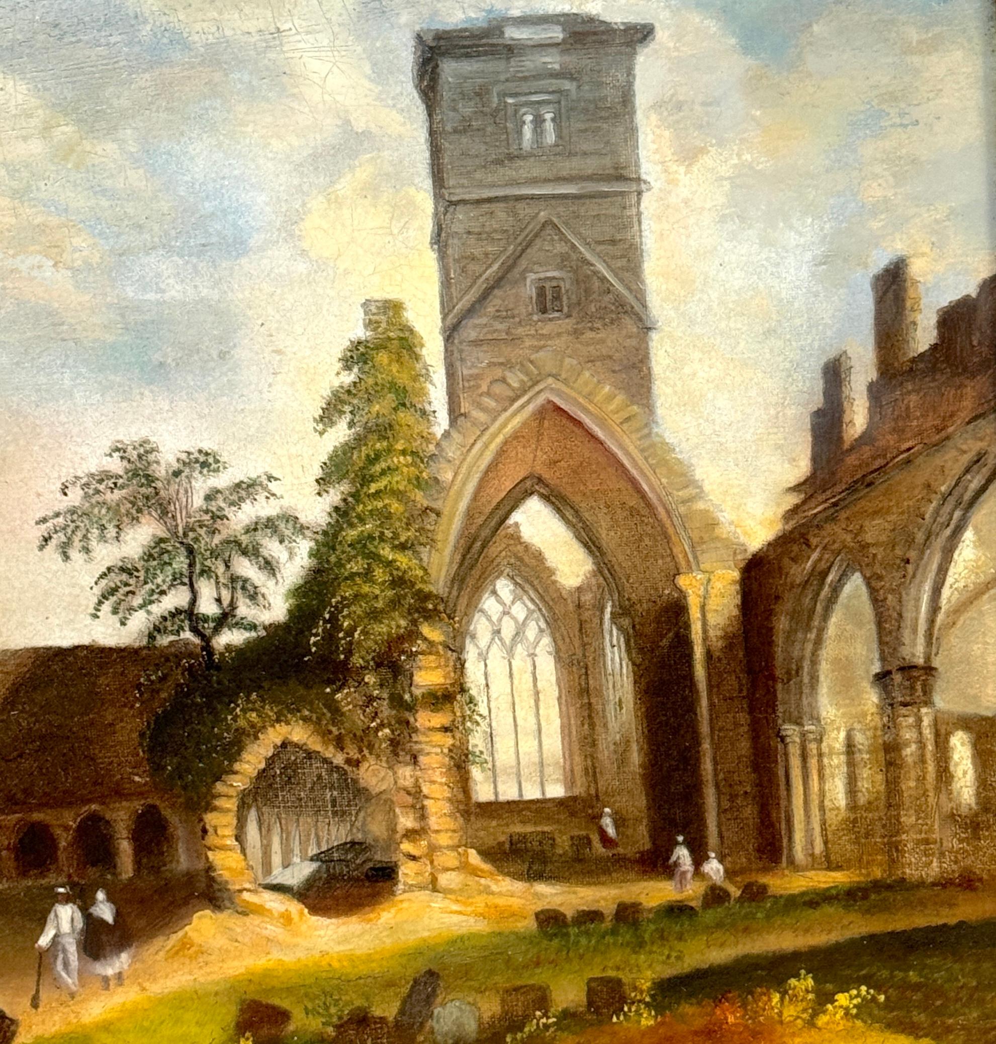 19th C. Italian Capriccio Ruins of Church with a Cemetery & Gravediggers For Sale 4