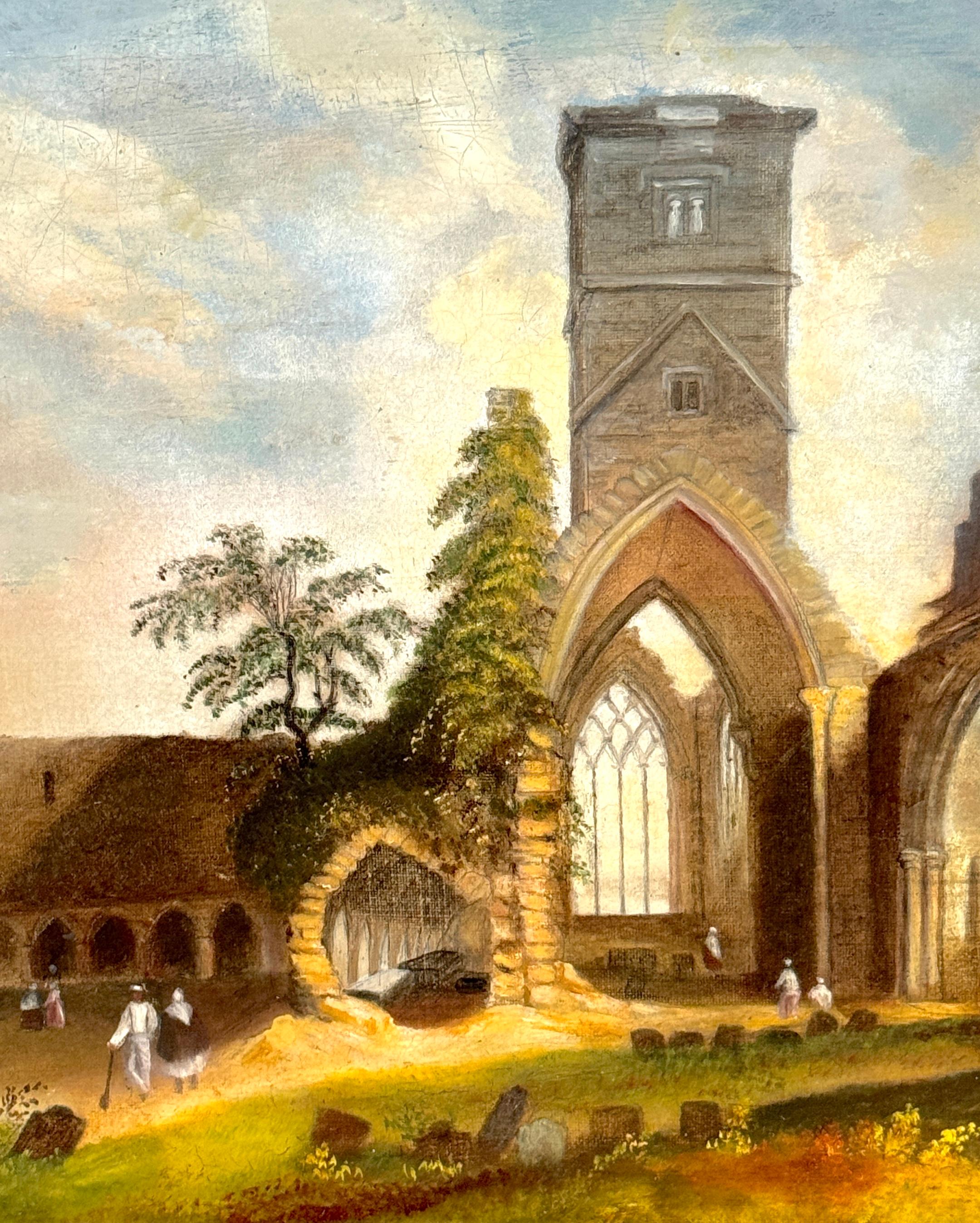 19th C. Italian Capriccio Ruins of Church with a Cemetery & Gravediggers For Sale 5