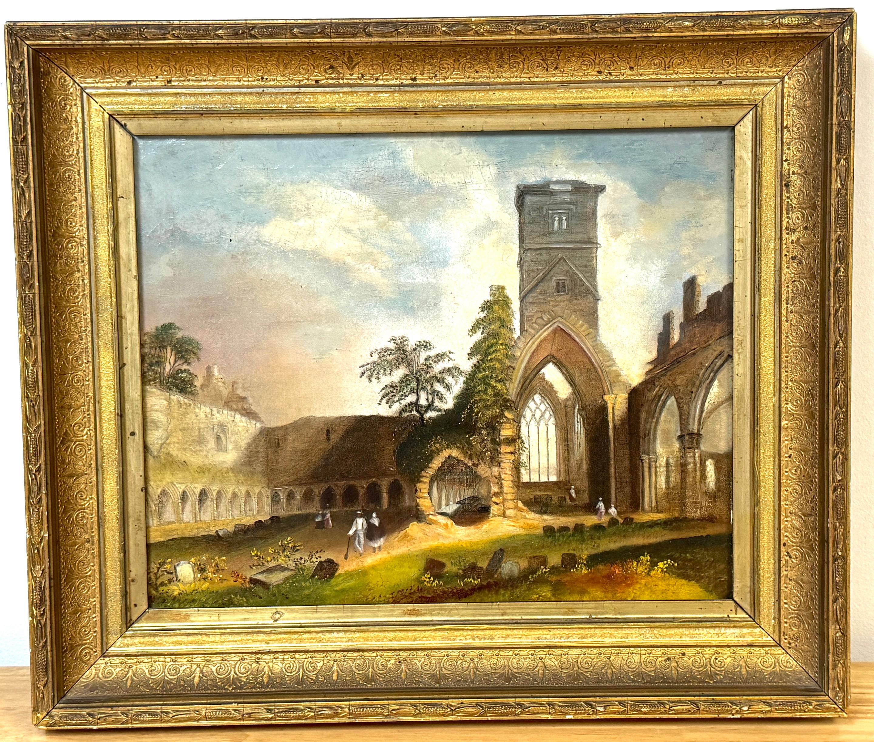 19th C. Italian Capriccio Ruins of Church with a Cemetery & Gravediggers 
Apparently Unsigned 
Oil On Canvas: 13.5-inches high x 16- inches wide 
Framed : 18-inches high x 22 - inches wide x 2-inches deep 

This rare and curious 19th-century Italian
