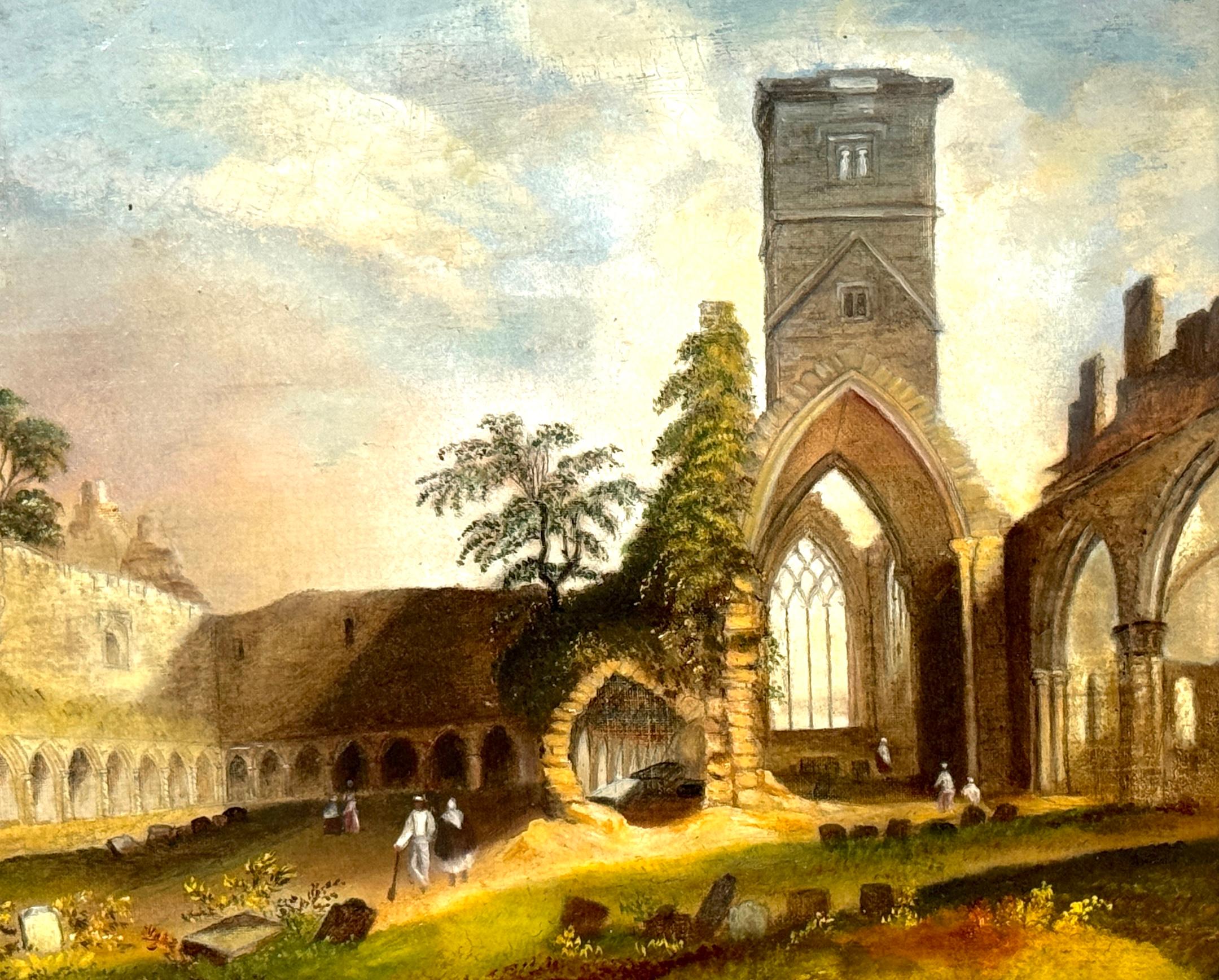 Gothic 19th C. Italian Capriccio Ruins of Church with a Cemetery & Gravediggers For Sale