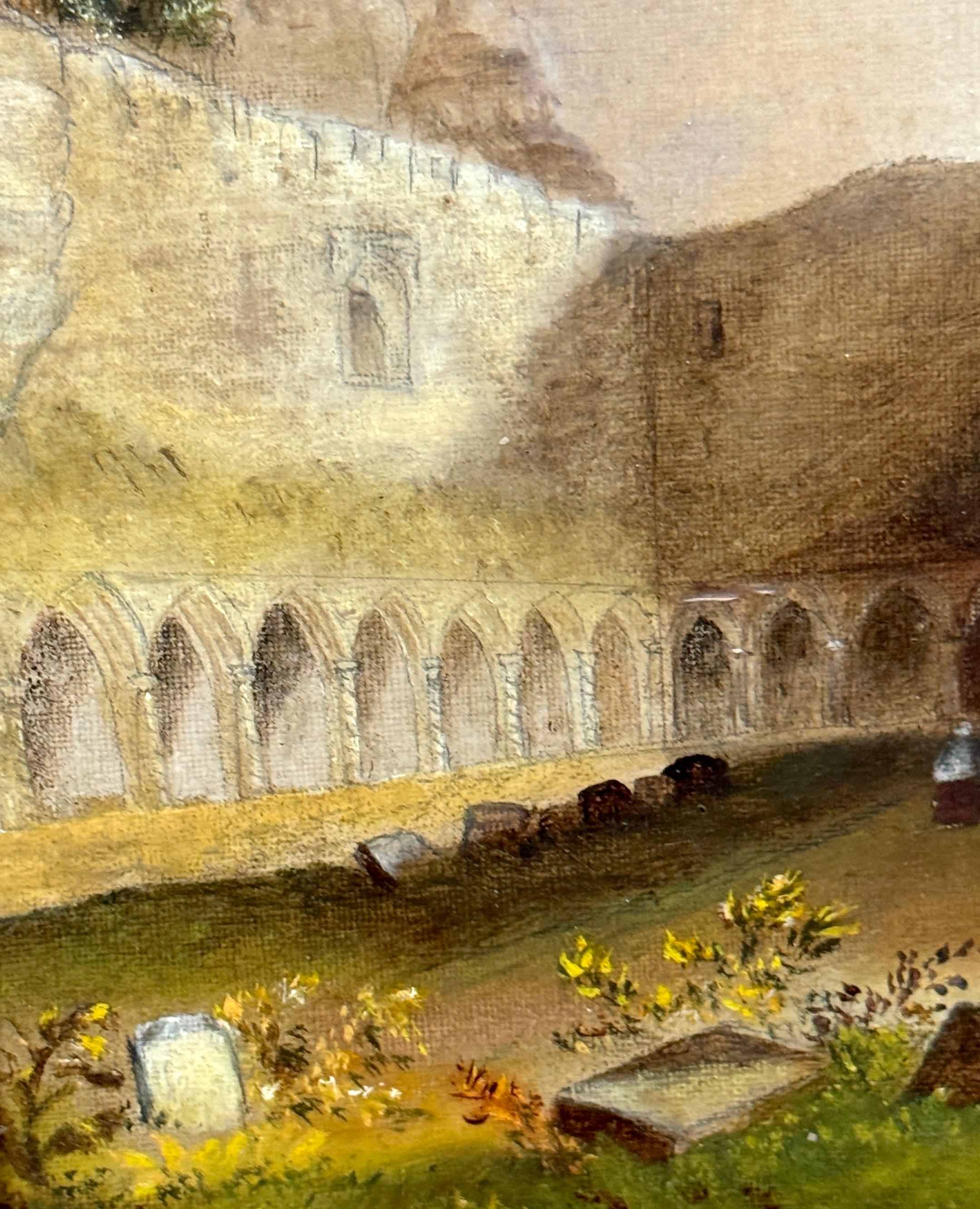 19th C. Italian Capriccio Ruins of Church with a Cemetery & Gravediggers In Good Condition For Sale In West Palm Beach, FL