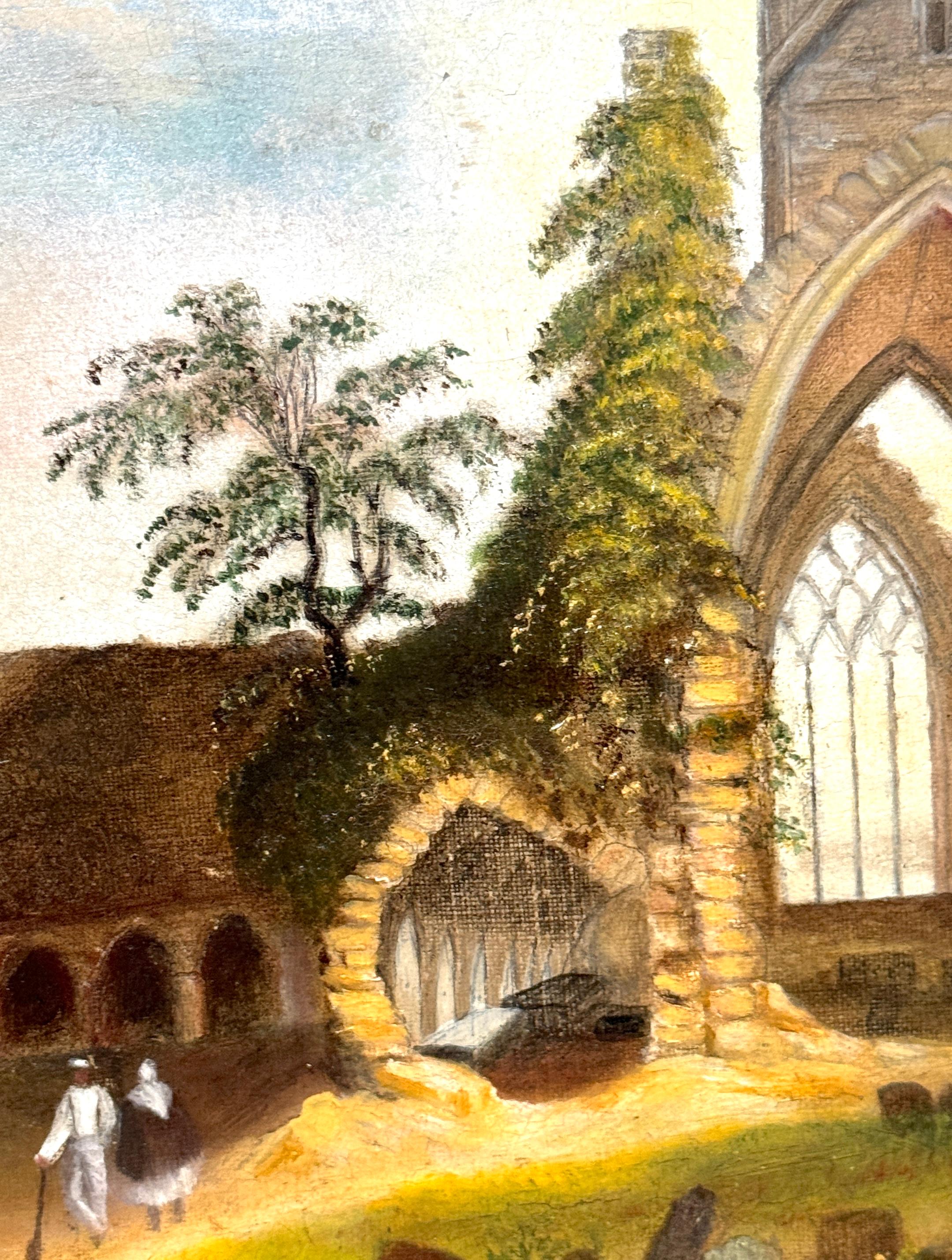 19th C. Italian Capriccio Ruins of Church with a Cemetery & Gravediggers For Sale 1