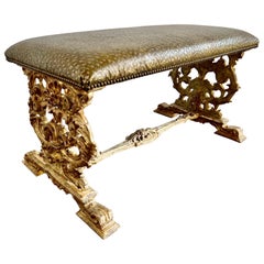 19th C. Italian Carved Giltwood Bench W/ Embossed Leather