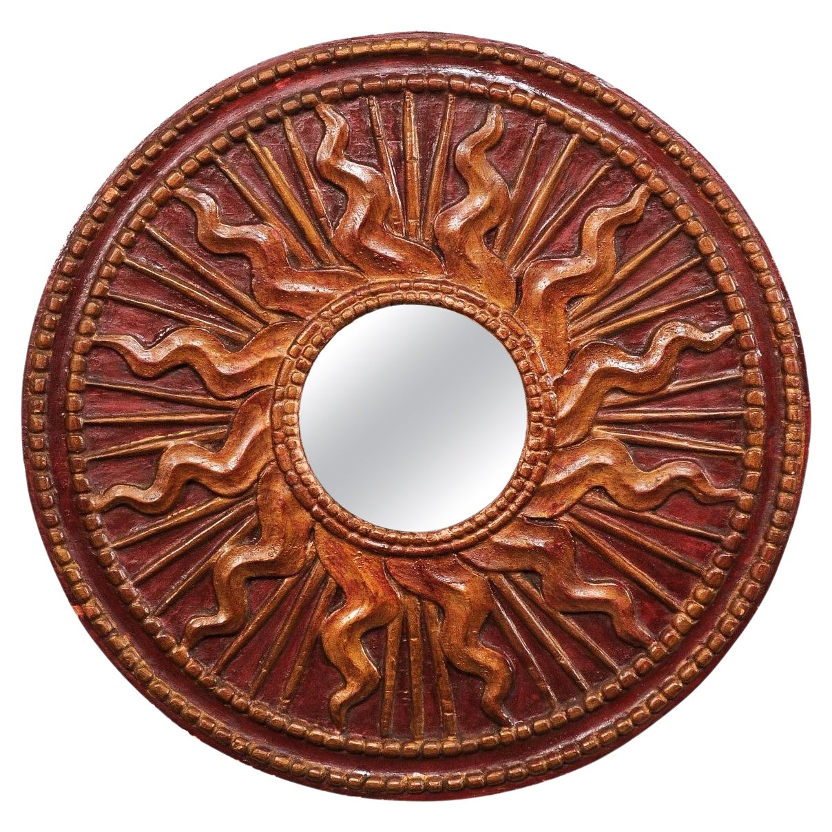 Espejo Decorado de Madera Italiana Tallada del Siglo XIX, Rayos de Sol Ardientes, 2 Pies de Diámetro en venta