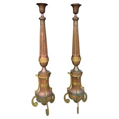 19th-C. Italian Copper & Brass Torchieres / Floor Lamps / Lamp Stands - Pair