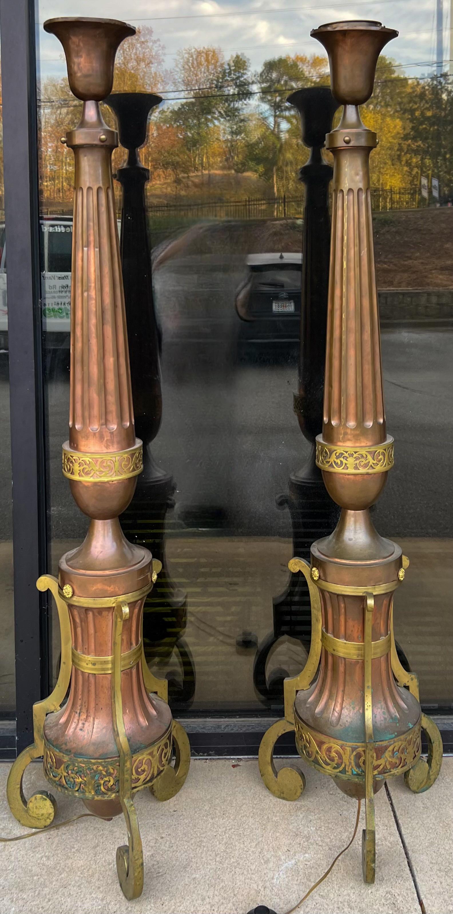 19th-C. Italian Copper & Brass Torchieres / Floor Lamps / Lamp Stands - Pair For Sale 4