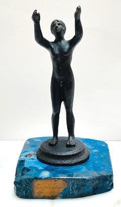 19th C Italian Diminutive Grand Tour Bronze Nude Athlete on Lapis, Lazuli Base