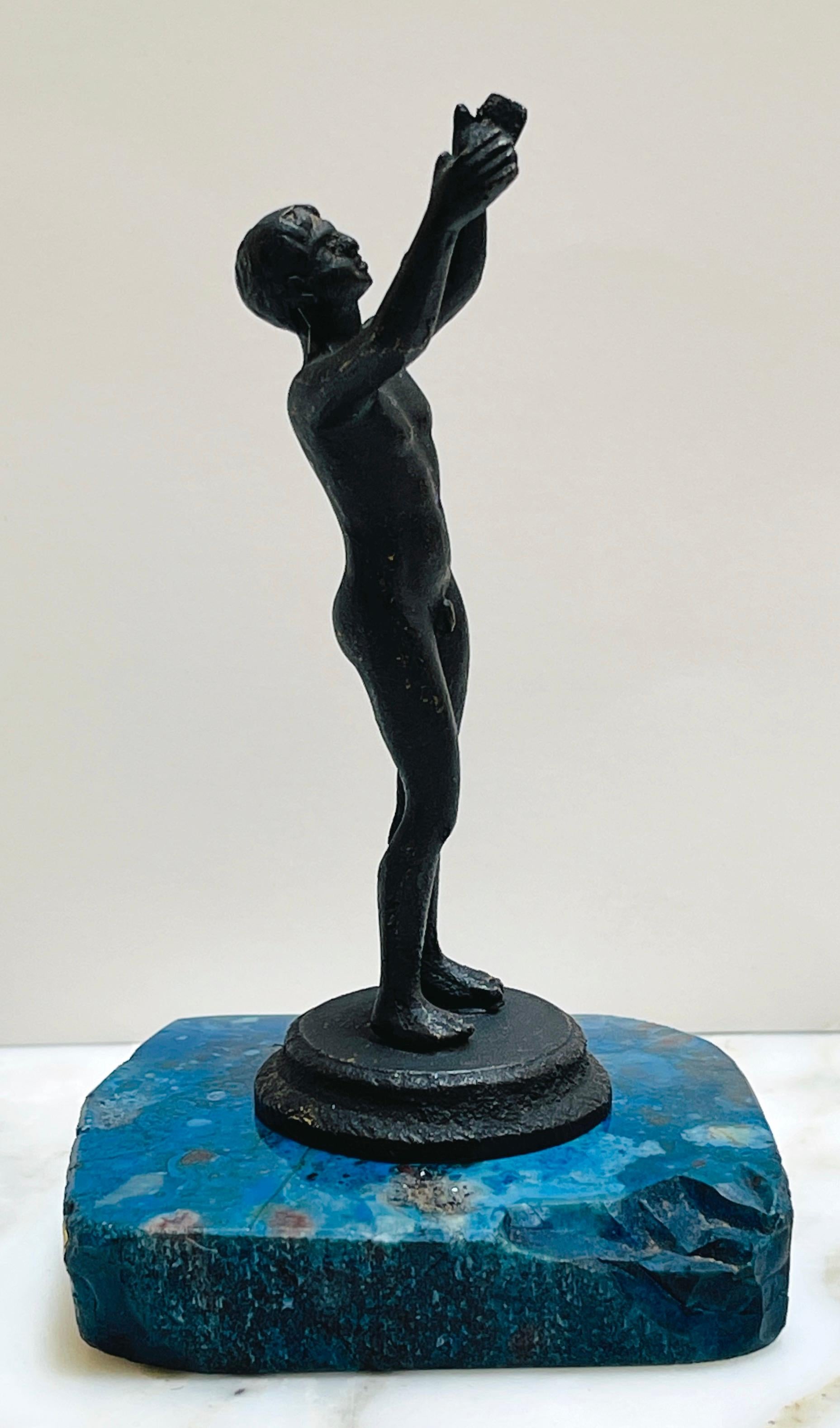 Cast 19th C Italian Diminutive Grand Tour Bronze Nude Athlete on Lapis, Lazuli Base For Sale