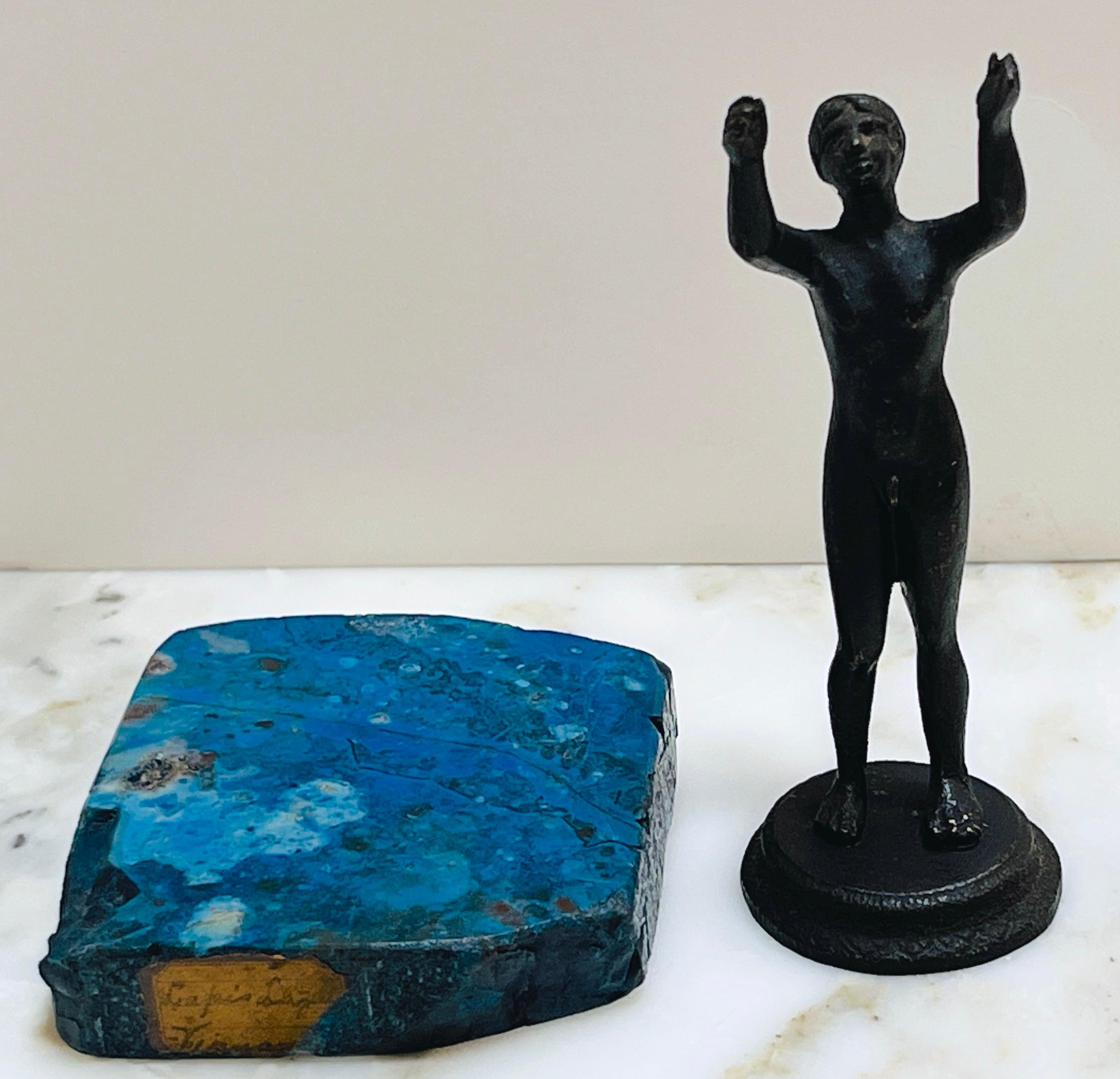 19th C Italian Diminutive Grand Tour Bronze Nude Athlete on Lapis, Lazuli Base For Sale 1