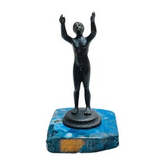 19th C Italian Diminutive Grand Tour Bronze Nude Athlete on Lapis, Lazuli Base