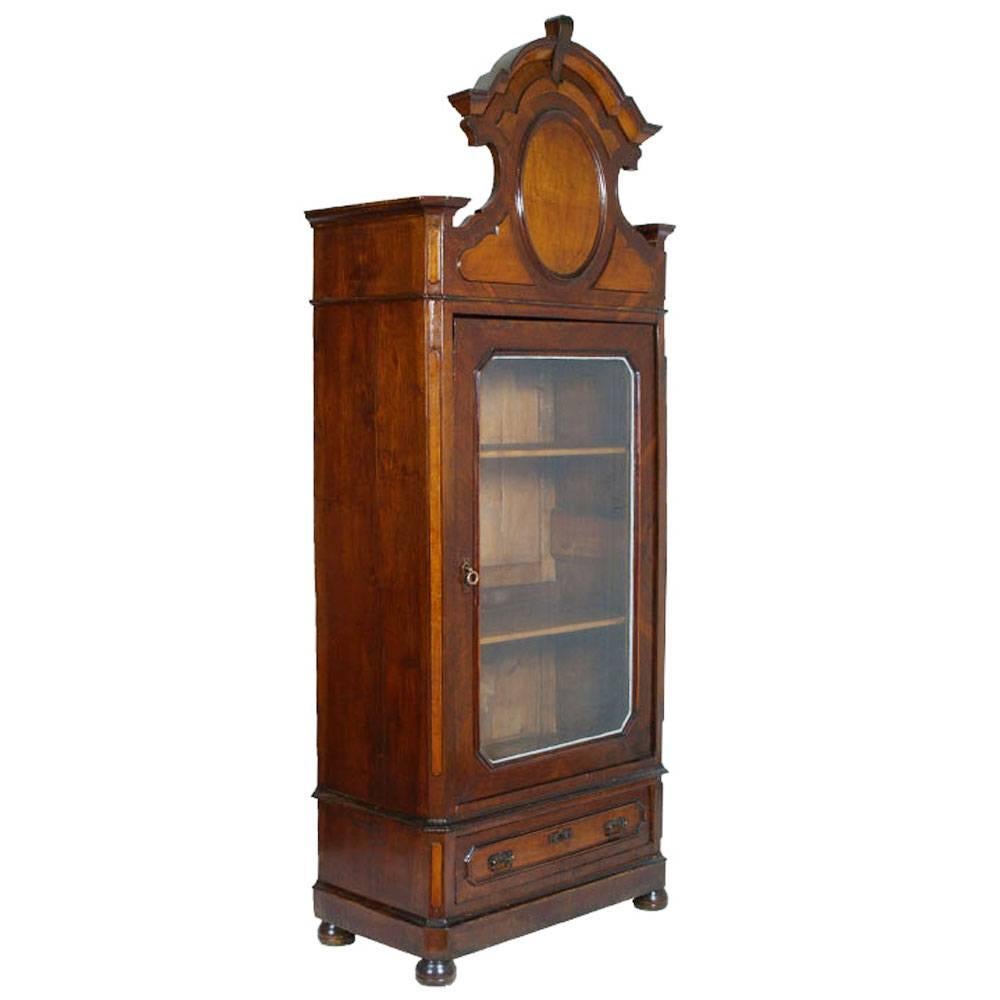 Antique Italian Display Cabinet Bookcase, Louis Philippe , walnut Wax-Polished For Sale
