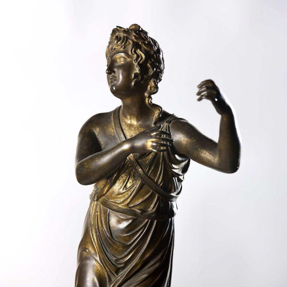 Hand-Crafted 19th c. Italian Gilt Bronze Apollo Figure on Alabaster Base For Sale