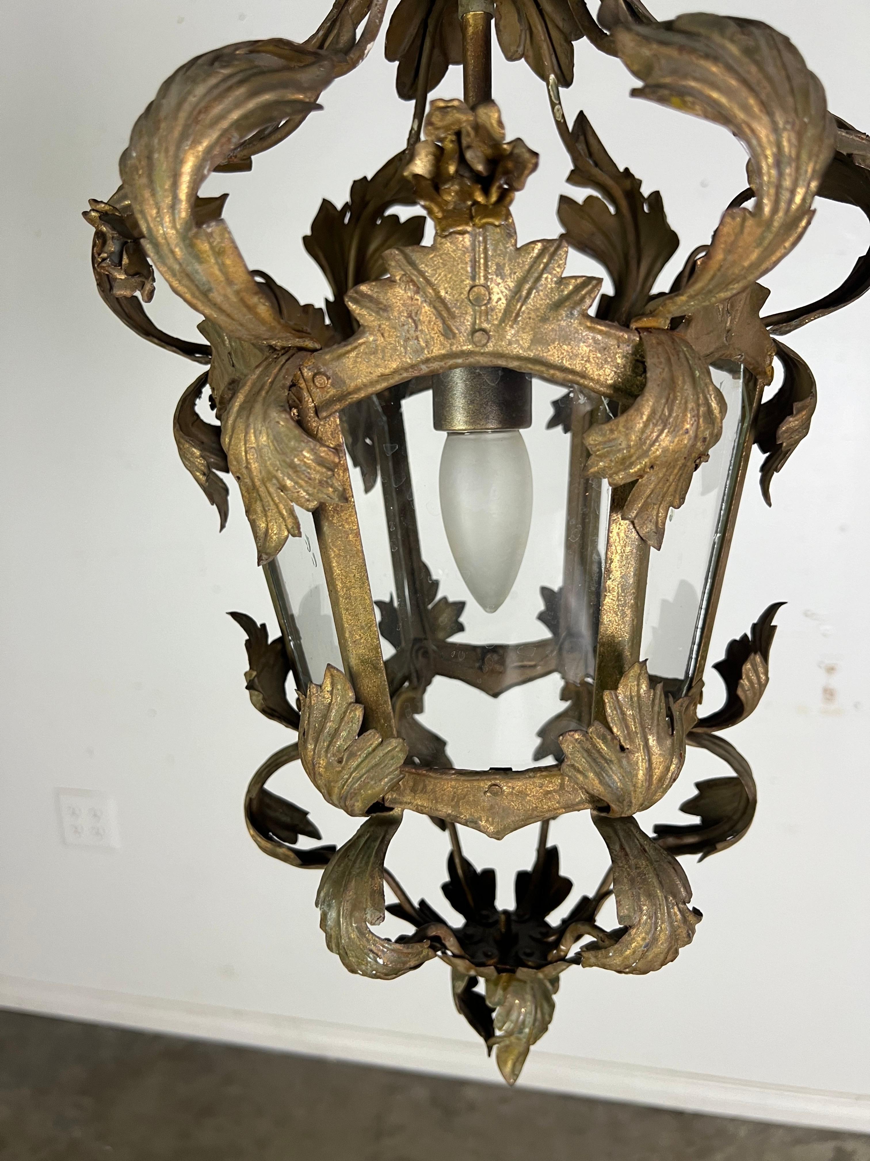 Farol de tole en metal dorado del siglo XIX.  El acabado está bellamente desgastado. El farol está adornado con hojas de acanto en forma de roleo.  Está recién recableada e incluye cadena y tejadillo.