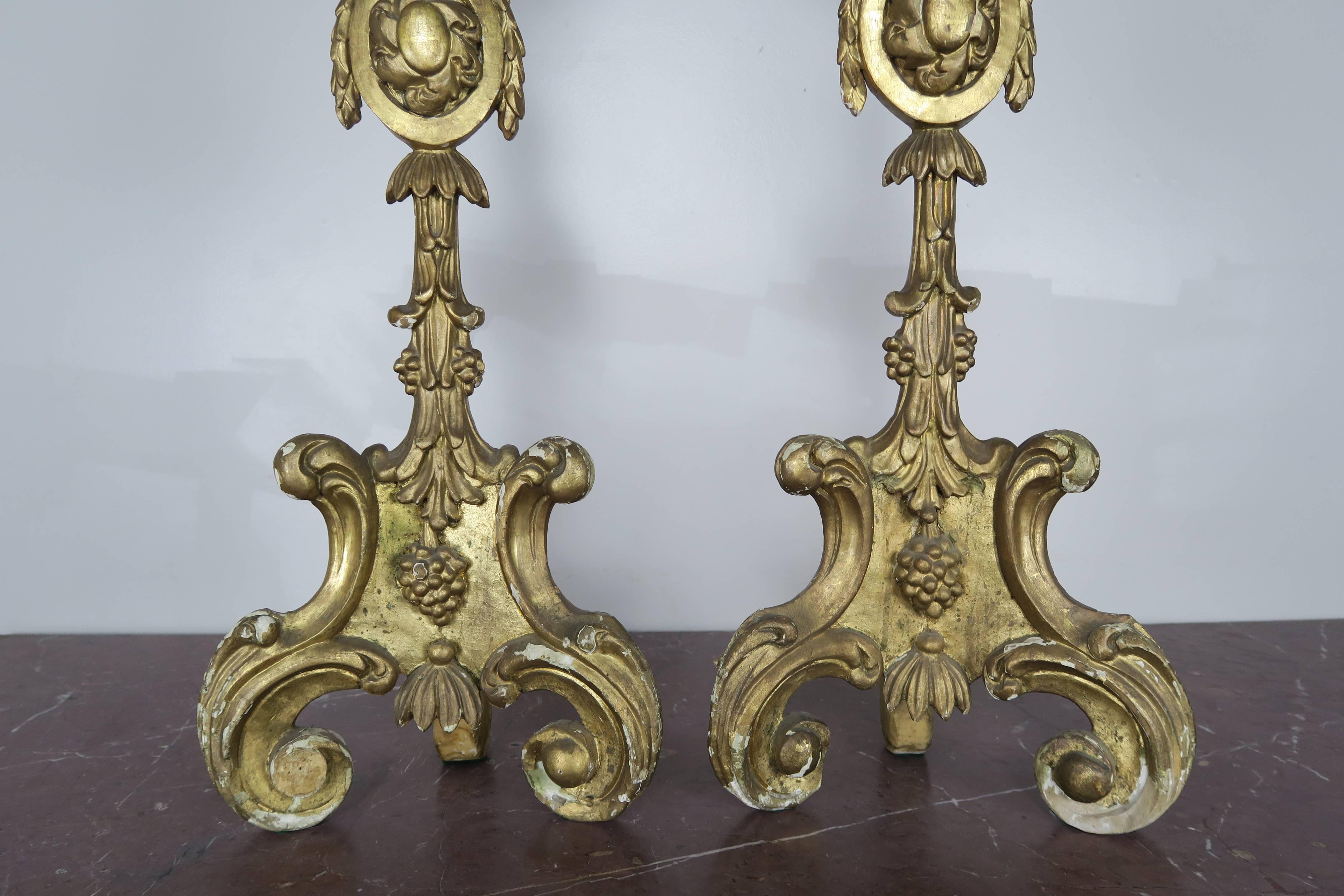 Baroque 19th Century Italian Giltwood Candlesticks, Pair