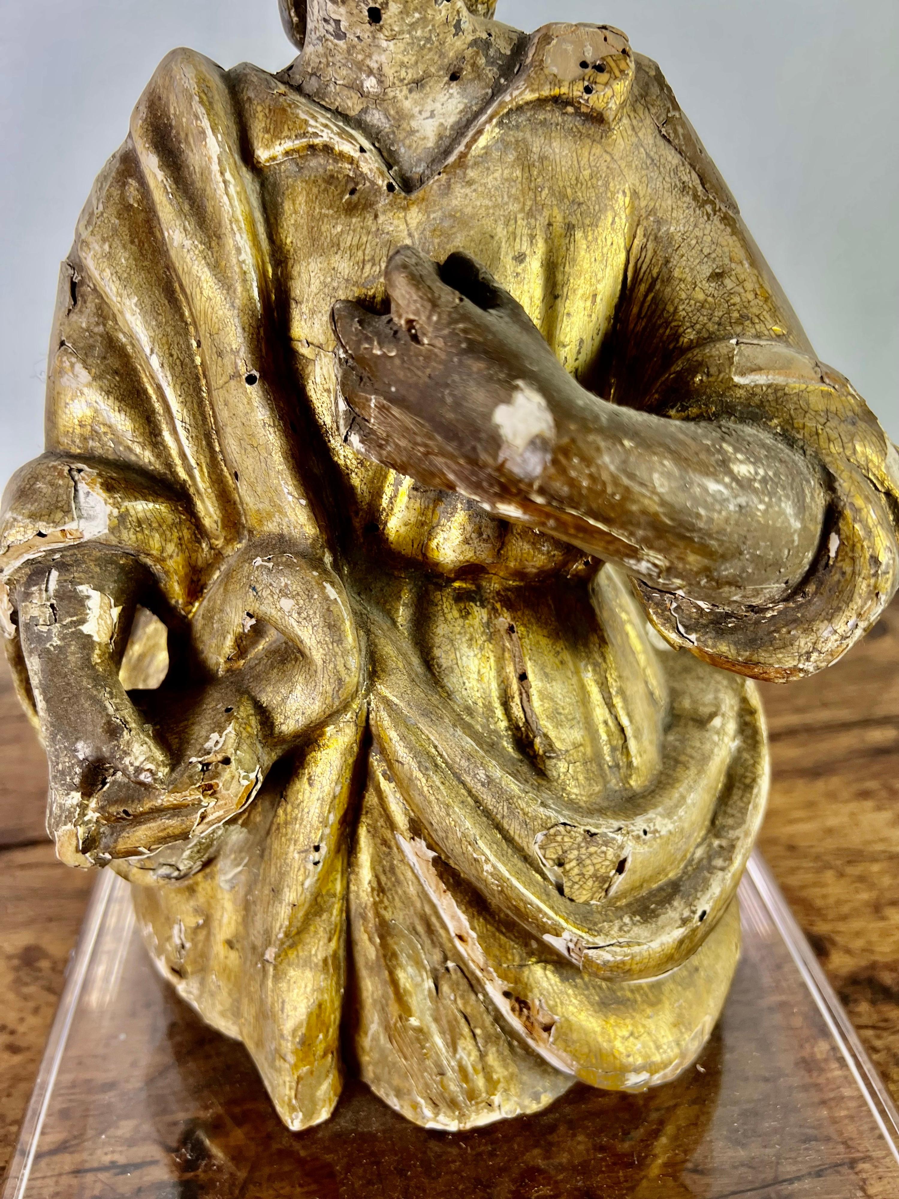 Hand-Carved 19th C. Italian Gilt Wood Figure on Lucite Base