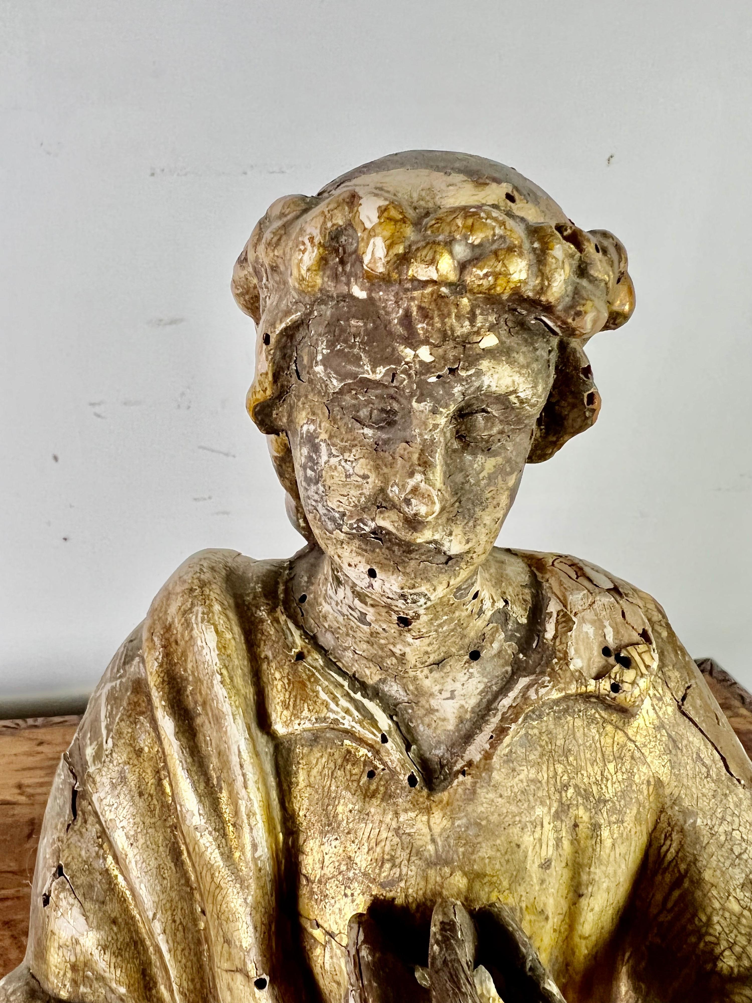 19th C. Italian Gilt Wood Figure on Lucite Base In Distressed Condition In Los Angeles, CA