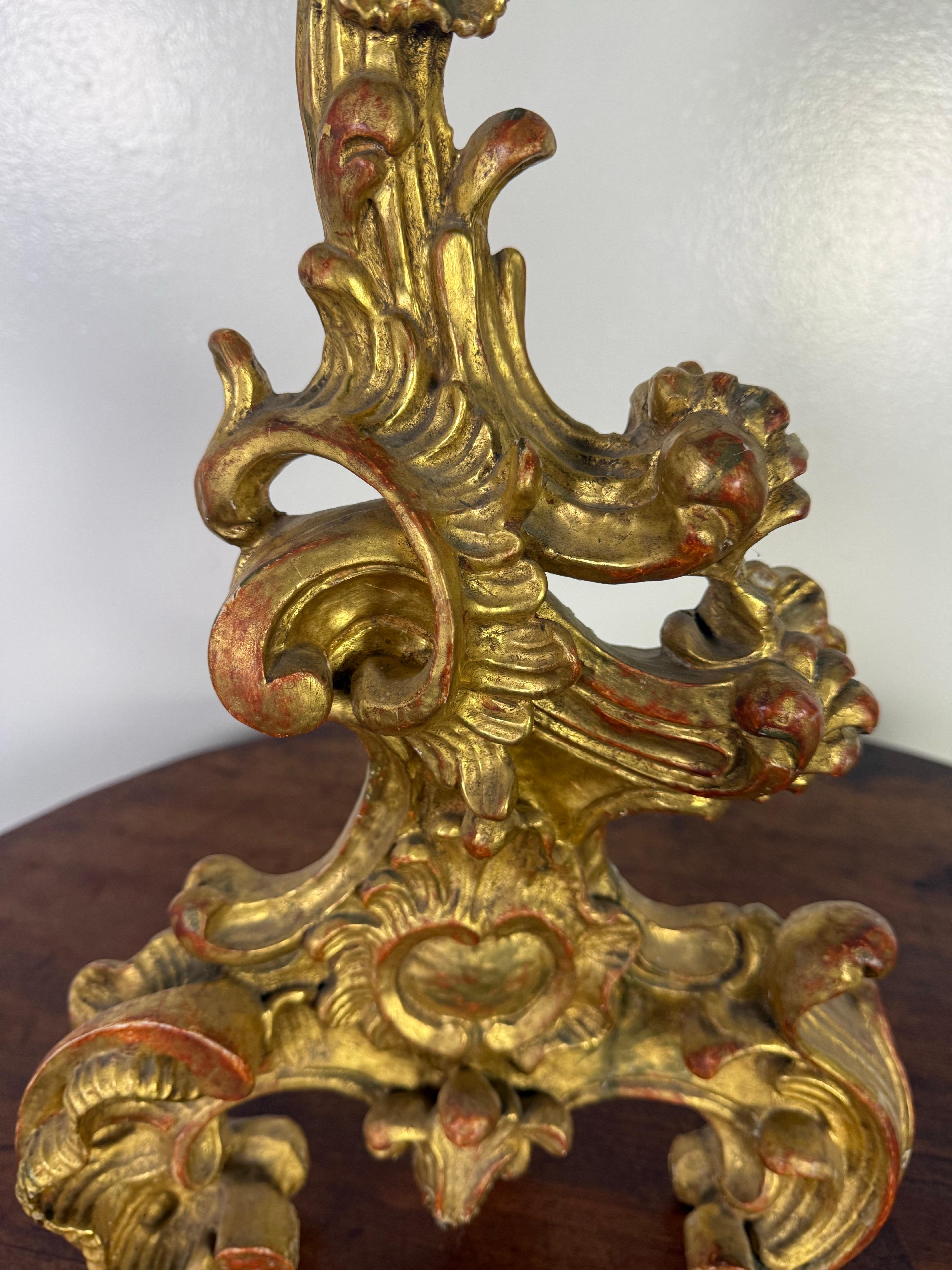 19th C. Italian Giltwood Candlestick In Distressed Condition For Sale In Los Angeles, CA