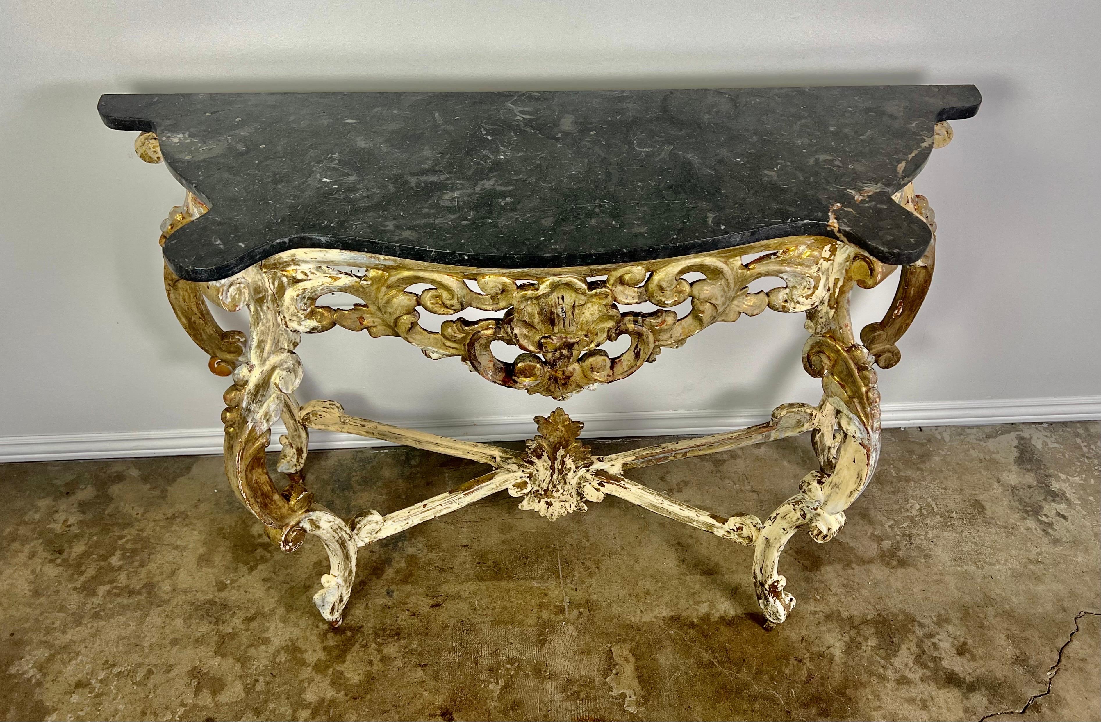19th Century Italian Giltwood Console with Marble Top In Distressed Condition For Sale In Los Angeles, CA