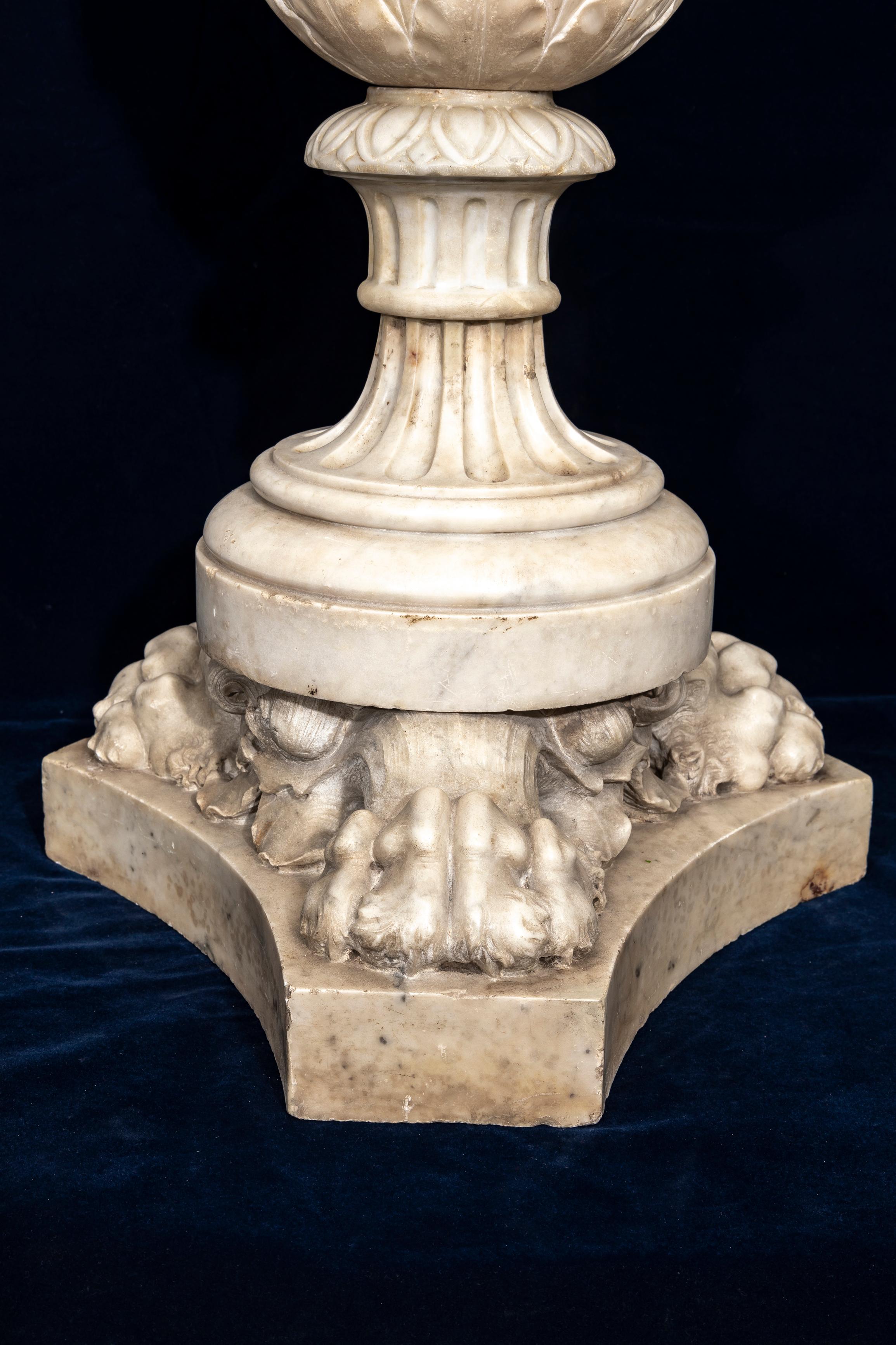 19th C. Italian Grand Tour Carrara Marble Double-Handled Urn on Lion's Paw Base For Sale 10