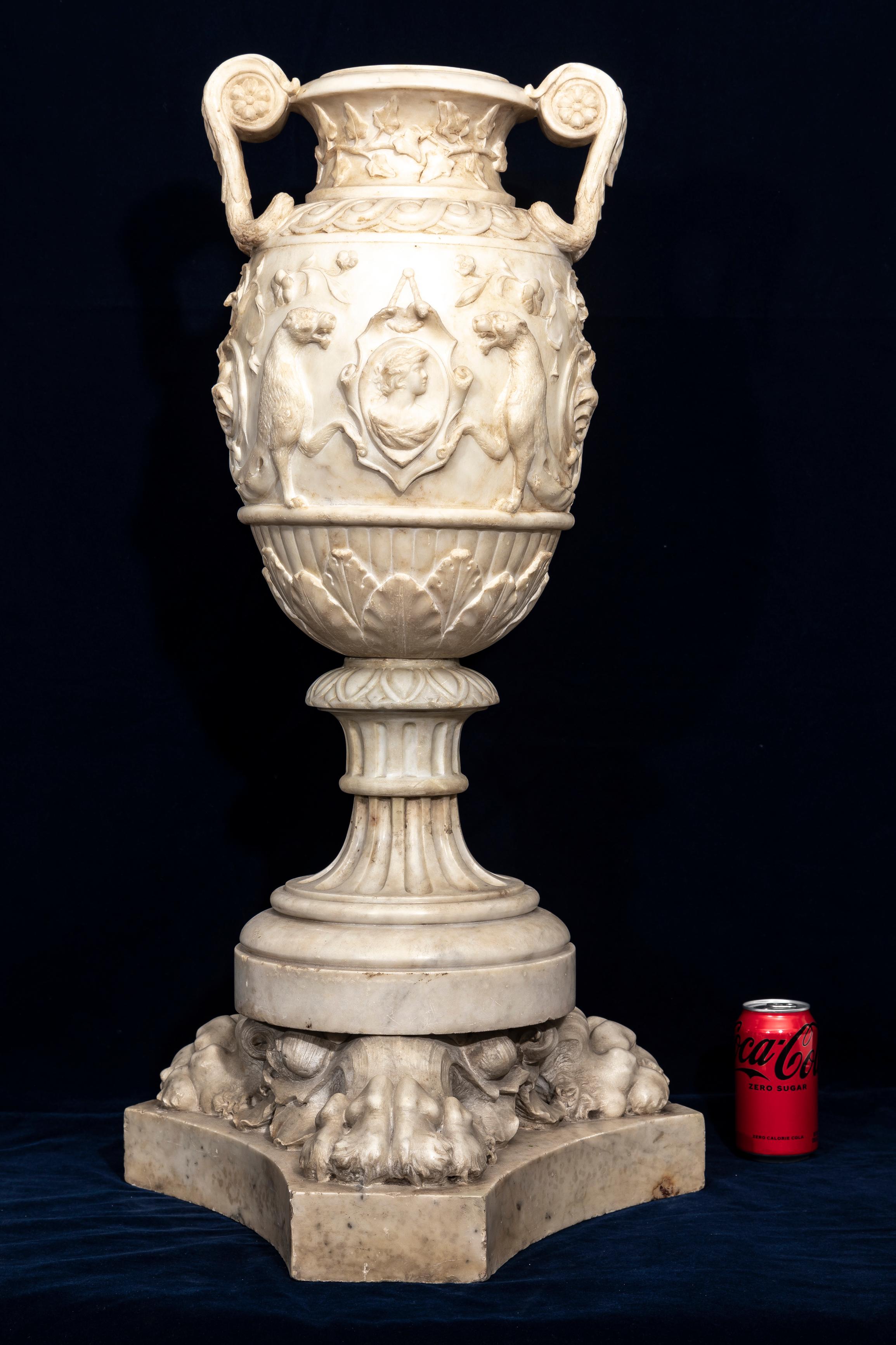 Hand-Carved 19th C. Italian Grand Tour Carrara Marble Double-Handled Urn on Lion's Paw Base For Sale