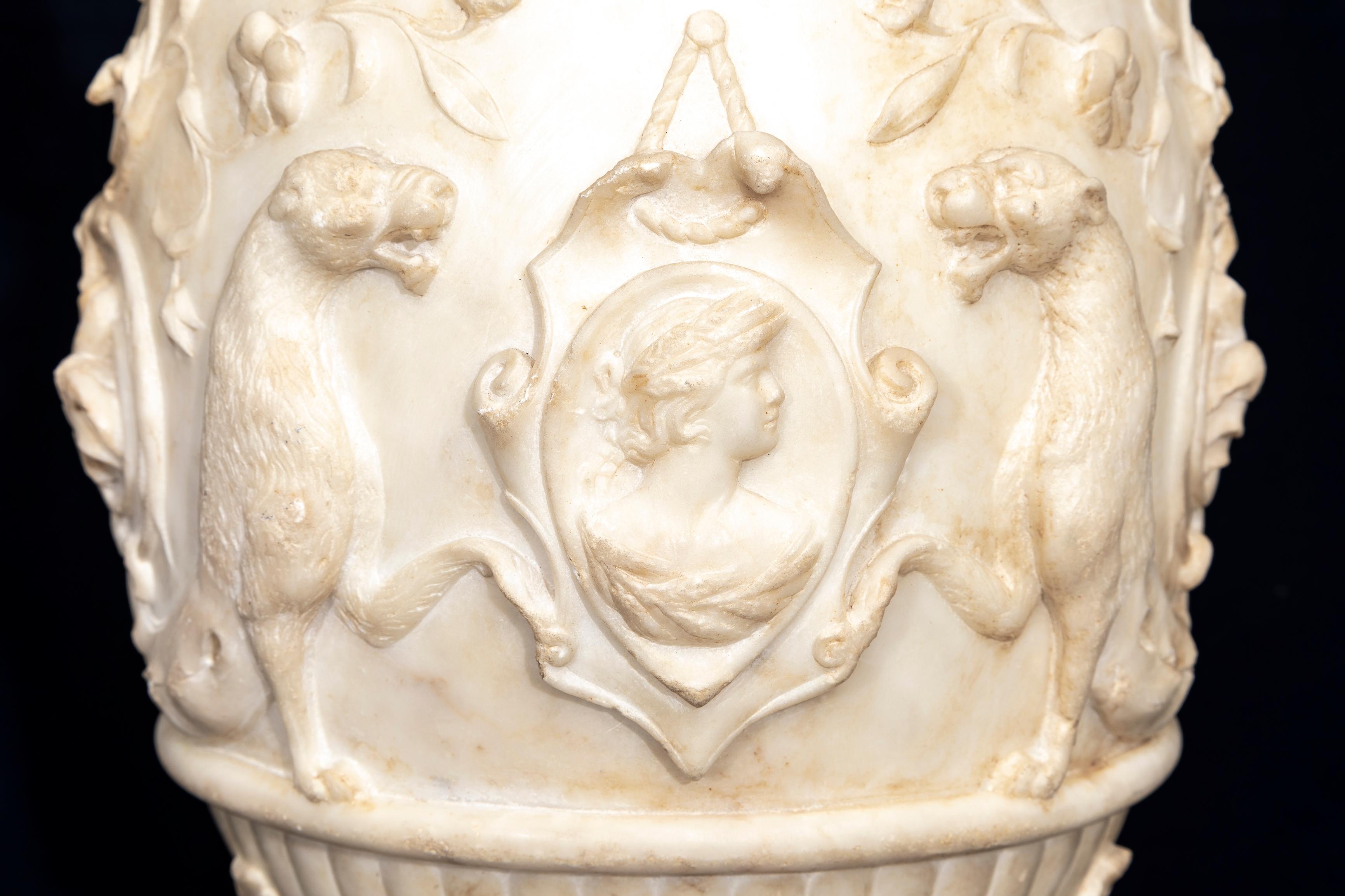 19th C. Italian Grand Tour Carrara Marble Double-Handled Urn on Lion's Paw Base For Sale 1