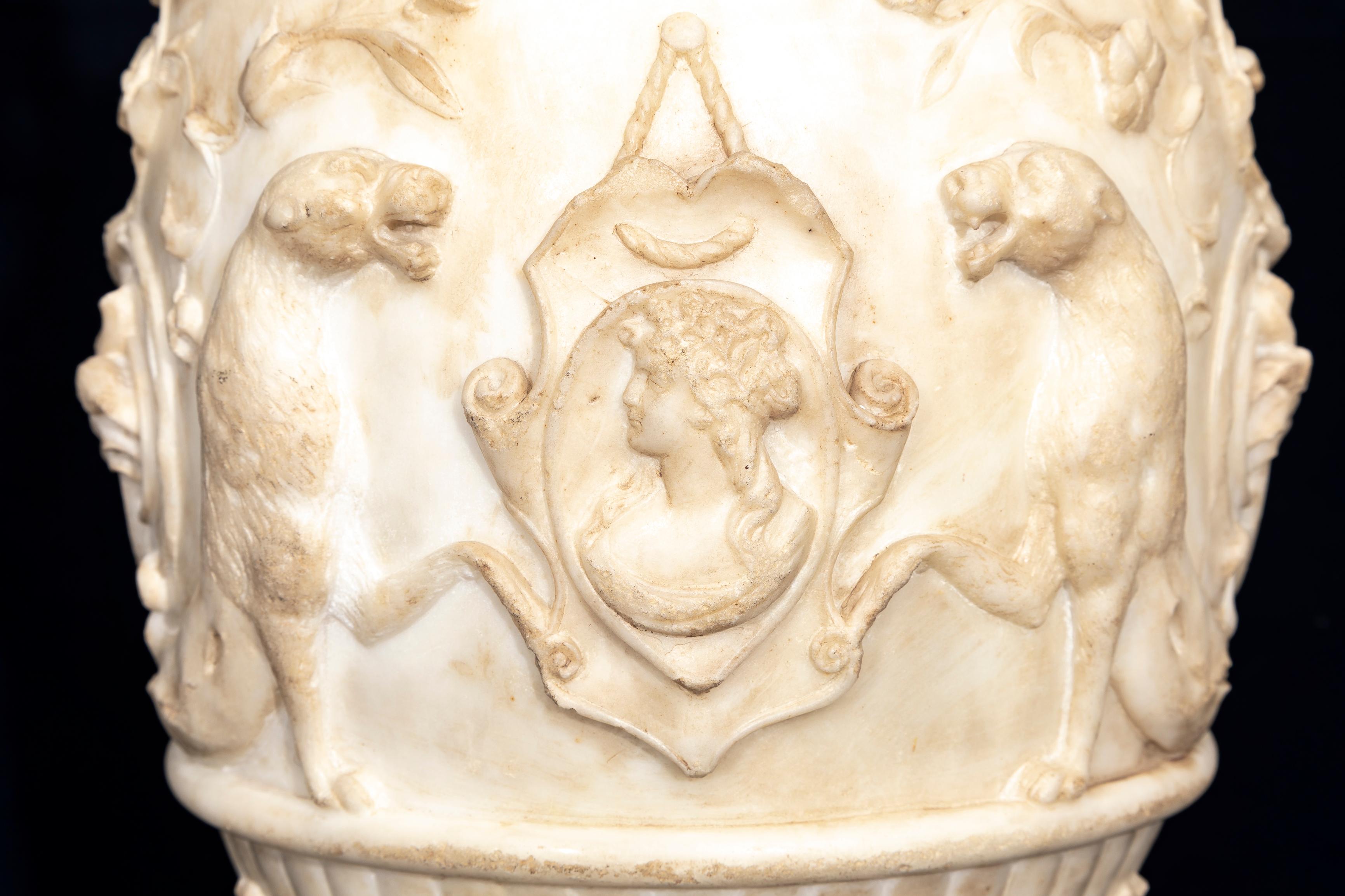 19th C. Italian Grand Tour Carrara Marble Double-Handled Urn on Lion's Paw Base For Sale 2