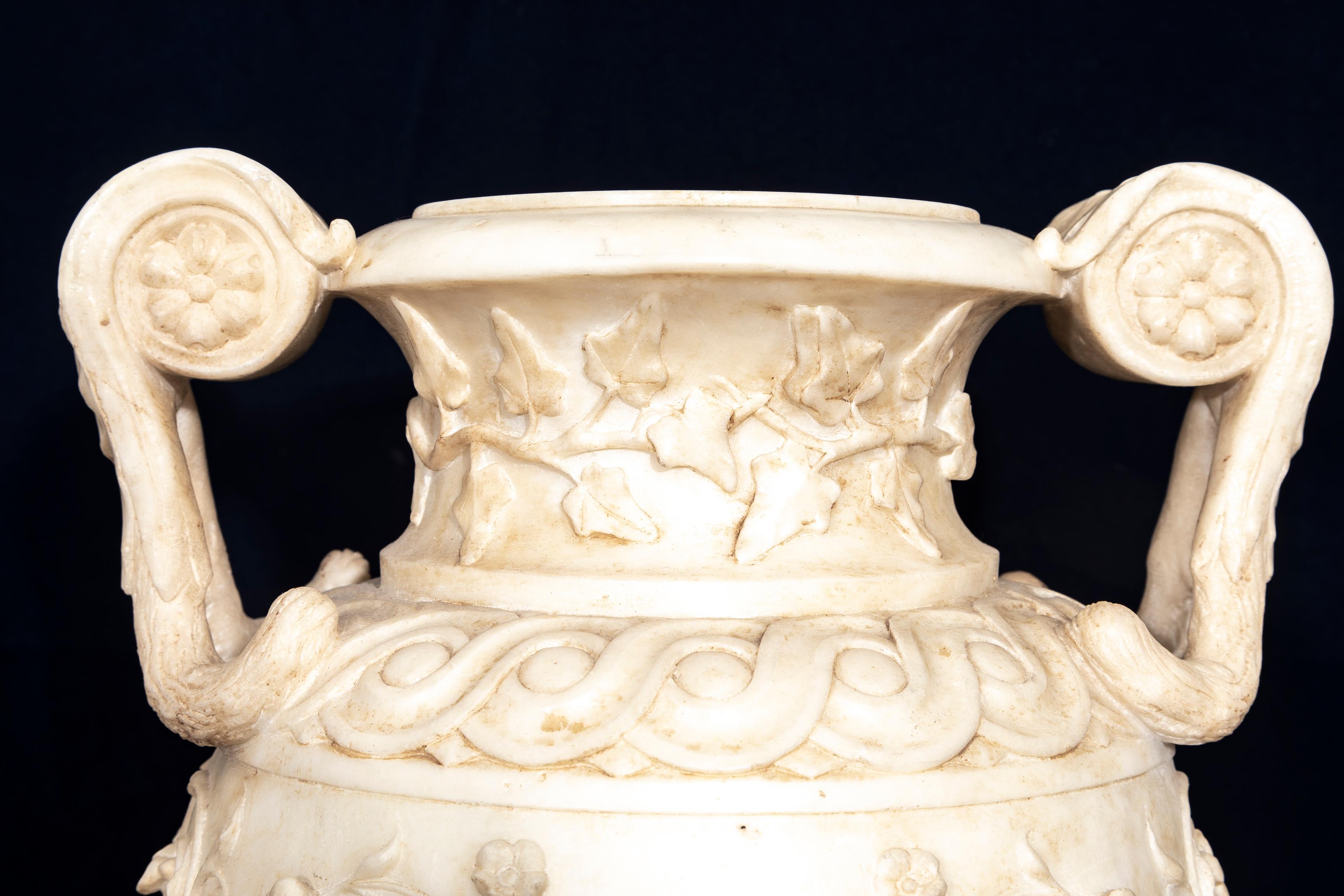 19th C. Italian Grand Tour Carrara Marble Double-Handled Urn on Lion's Paw Base For Sale 3